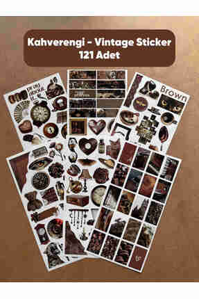 hdsticker 121 Adet Kahverengi Temalı Sticker Seti Ajanda Planner Vintage Retr...