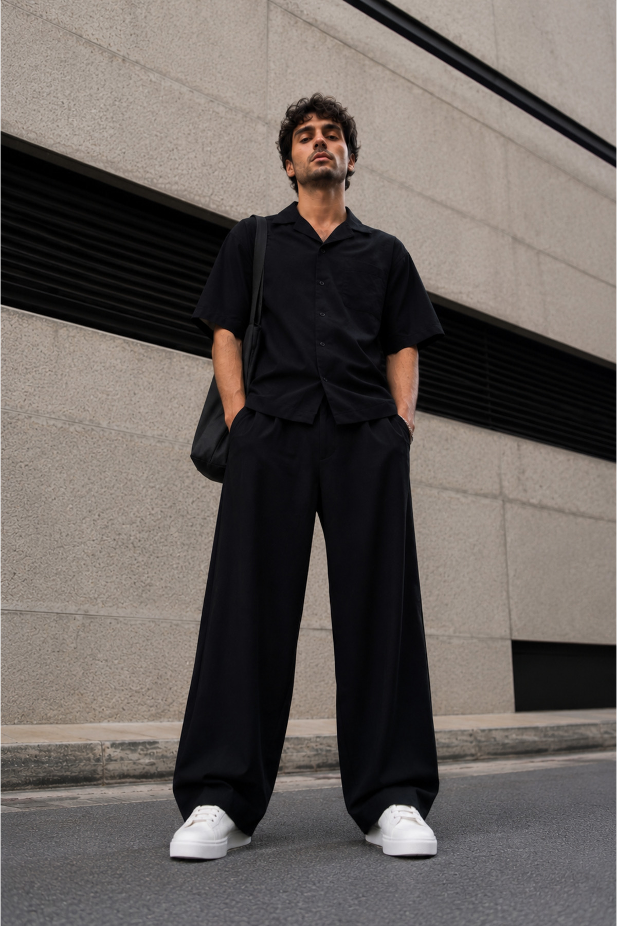 WE&ME Oversize Men's Trousers Black Wide Leg Elastic Waist Lace-Up Comfortable Fit Loose Street Style