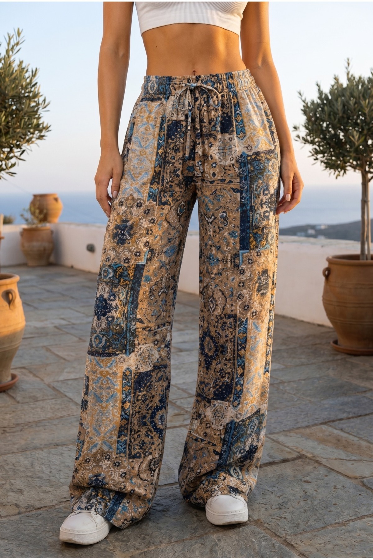 Women's Ethnic Pattern Summer Fabric Elastic Waist Pants