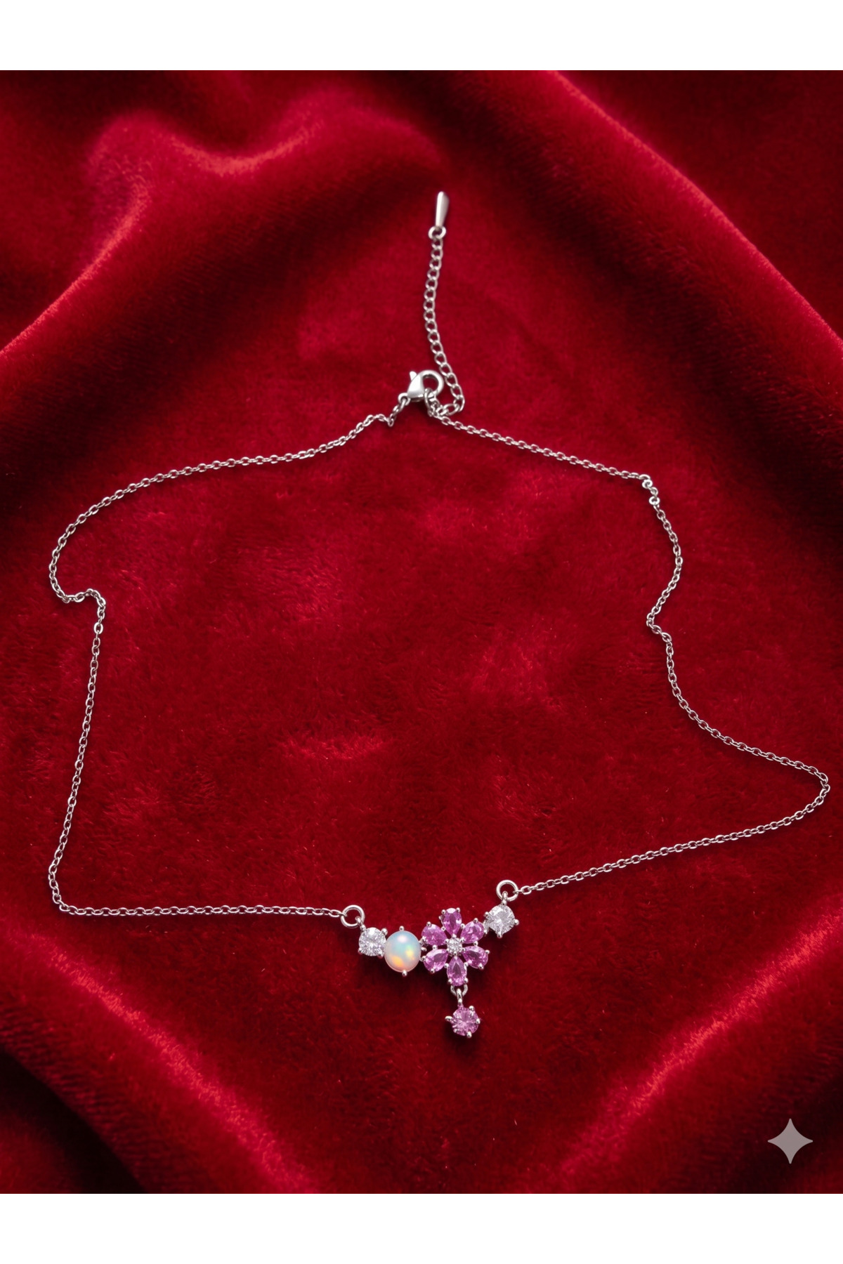 Gümüş Rengi Pembe Zirkon ve Opal Taşlı Çiçek Çelik Kolye 3