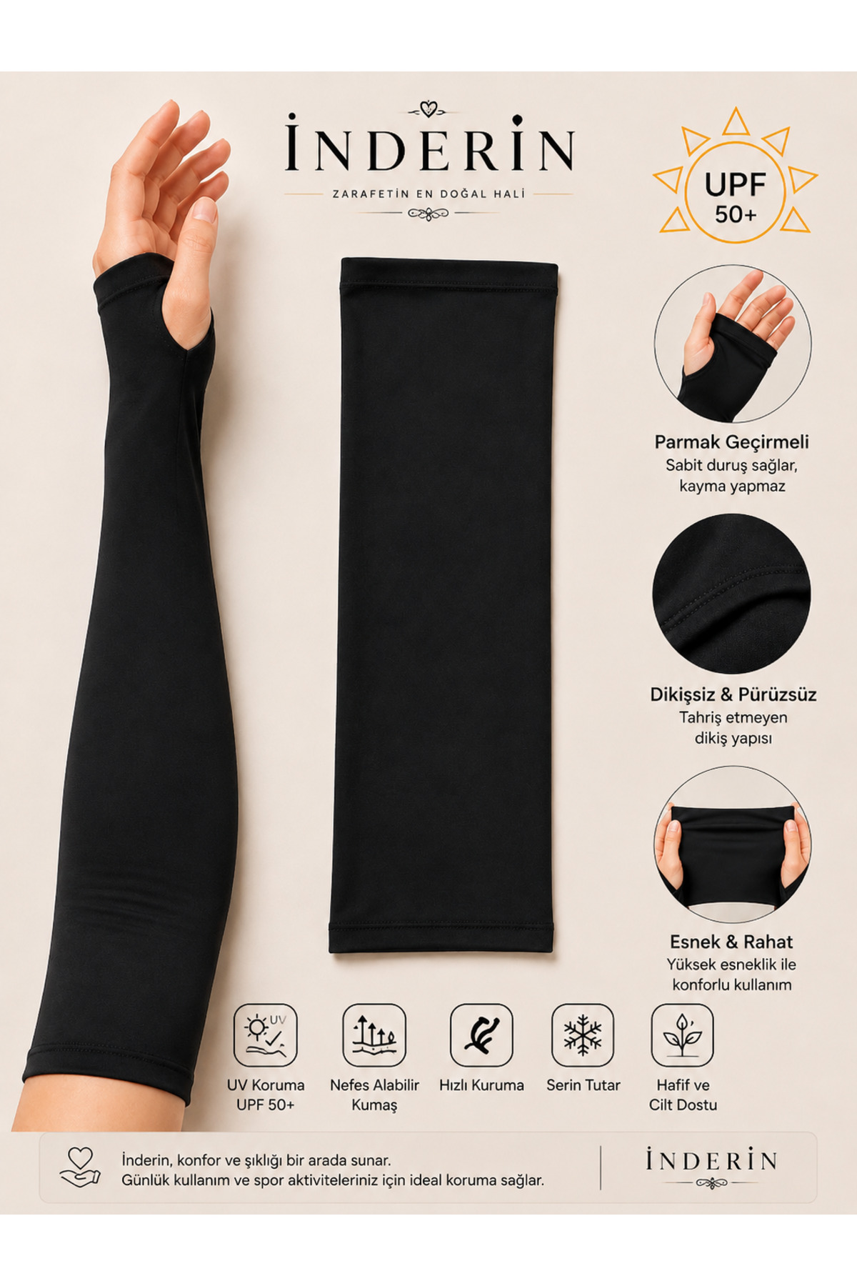 İnDerin UPF 50+ Parmak Geçirmeli Unisex UV Korumalı Siyah Kolluk 1 Çift Likralı Sporcu Voleybol Kolluğu
