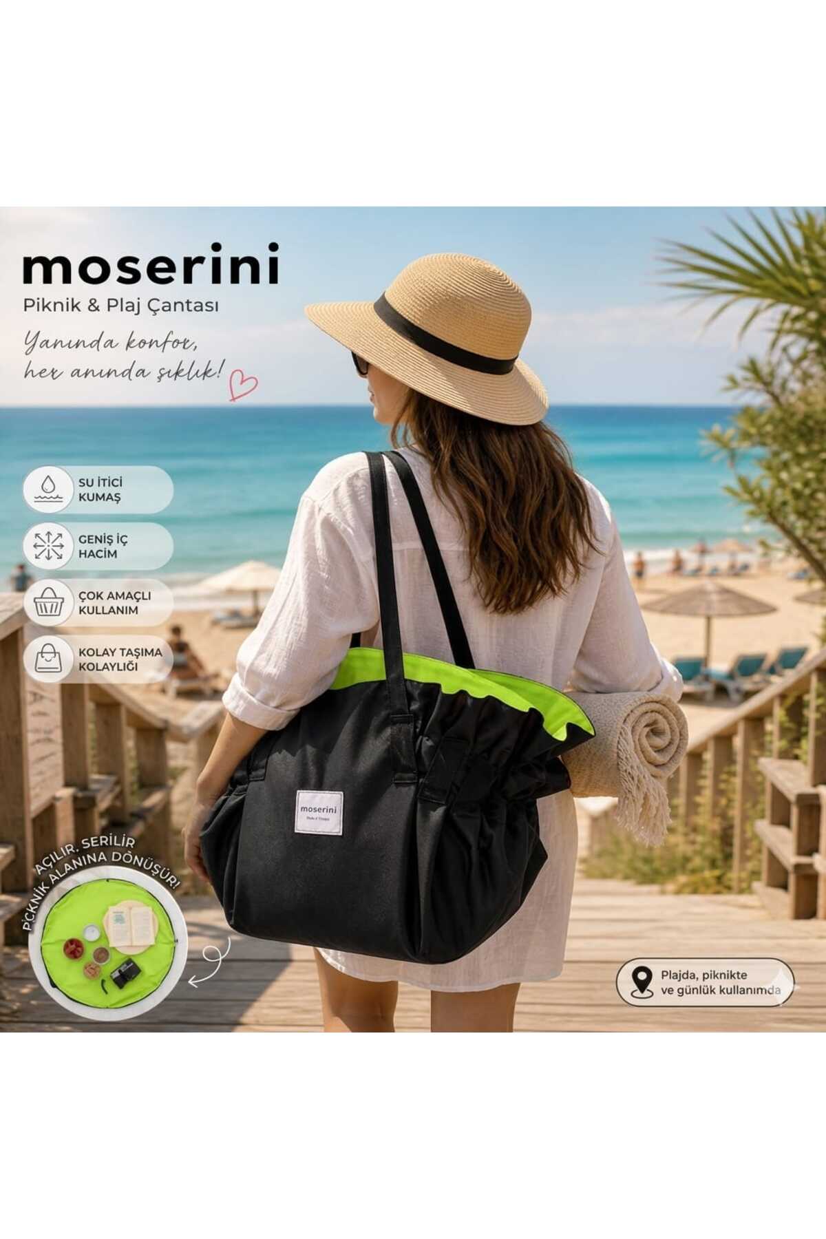 Moserini 2'si 1 Arada Büyük Boy Piknik, Plaj Ve Kamp Çantası / Örtüsü - Katlanabilir, Çok Amaçlı-Yeşil