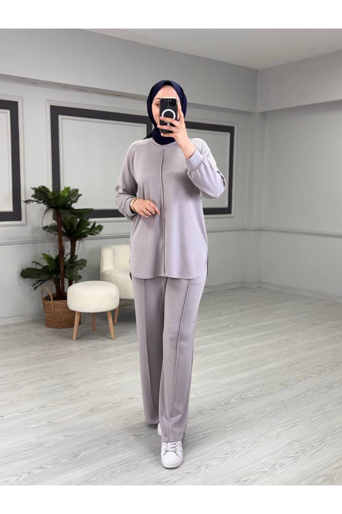 KardelenButik Summer Sports Suit with Stitching Detail in Gray