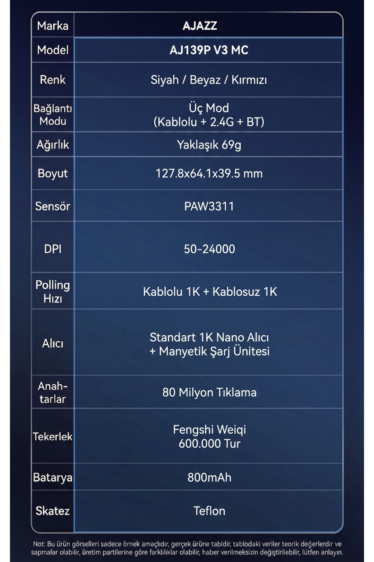 Ajazz Aj139P V3 MC Kablosuz Oyuncu Mouse-800 Mah Batarya RGB Şarj