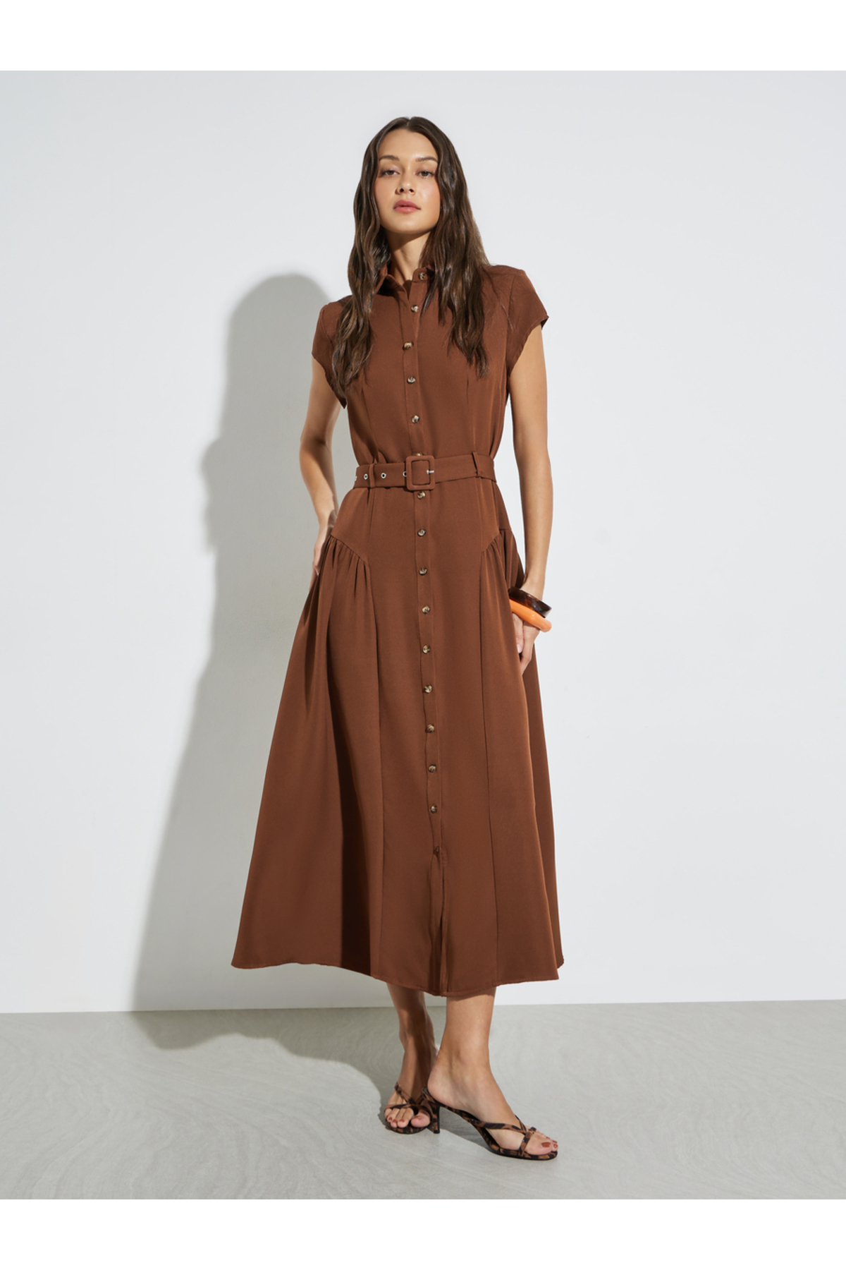 Styli Brown Belted Shirt Maxi Dress