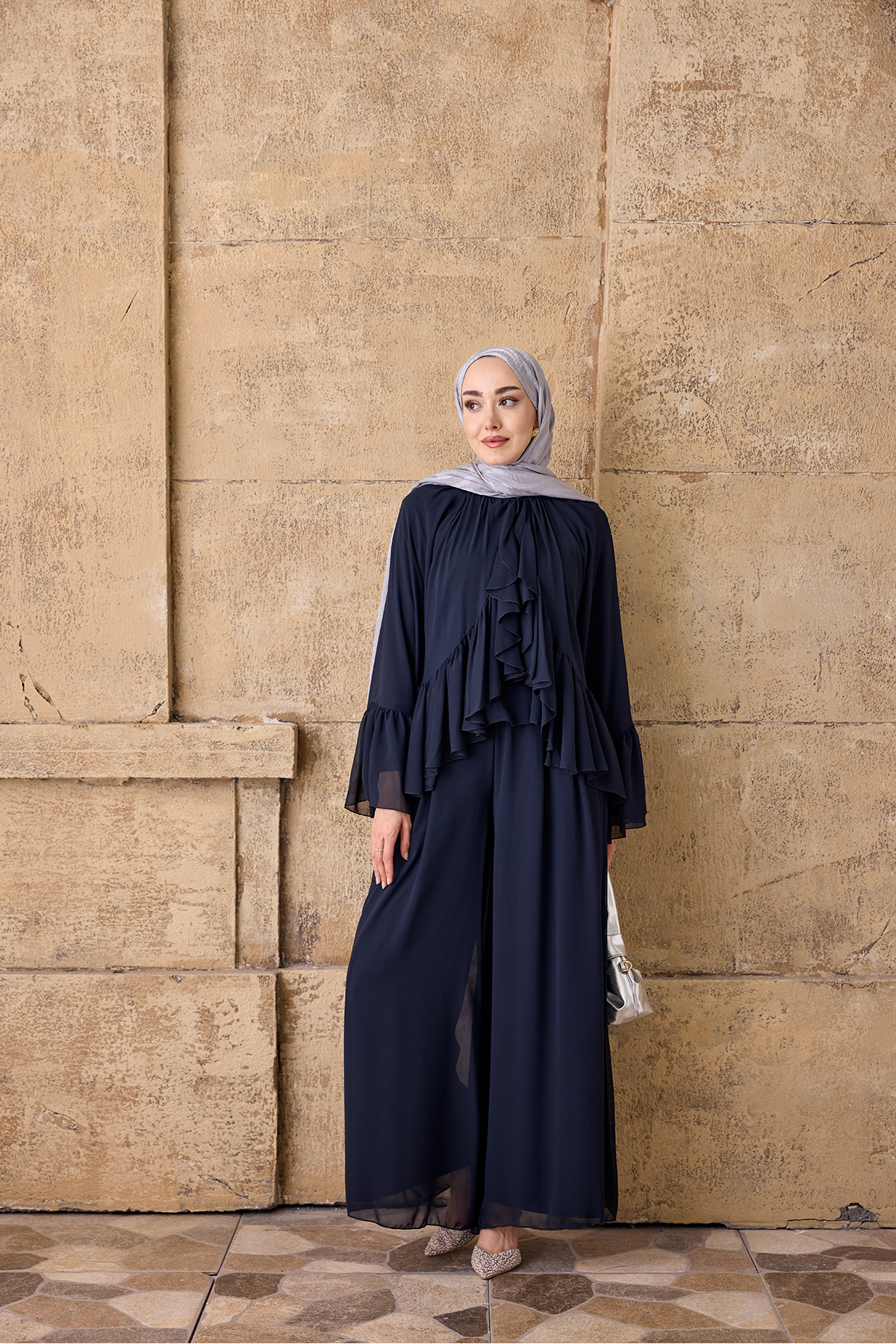 LOCCO Women's Pleated Detail Chiffon Suit with Trousers Navy Blue