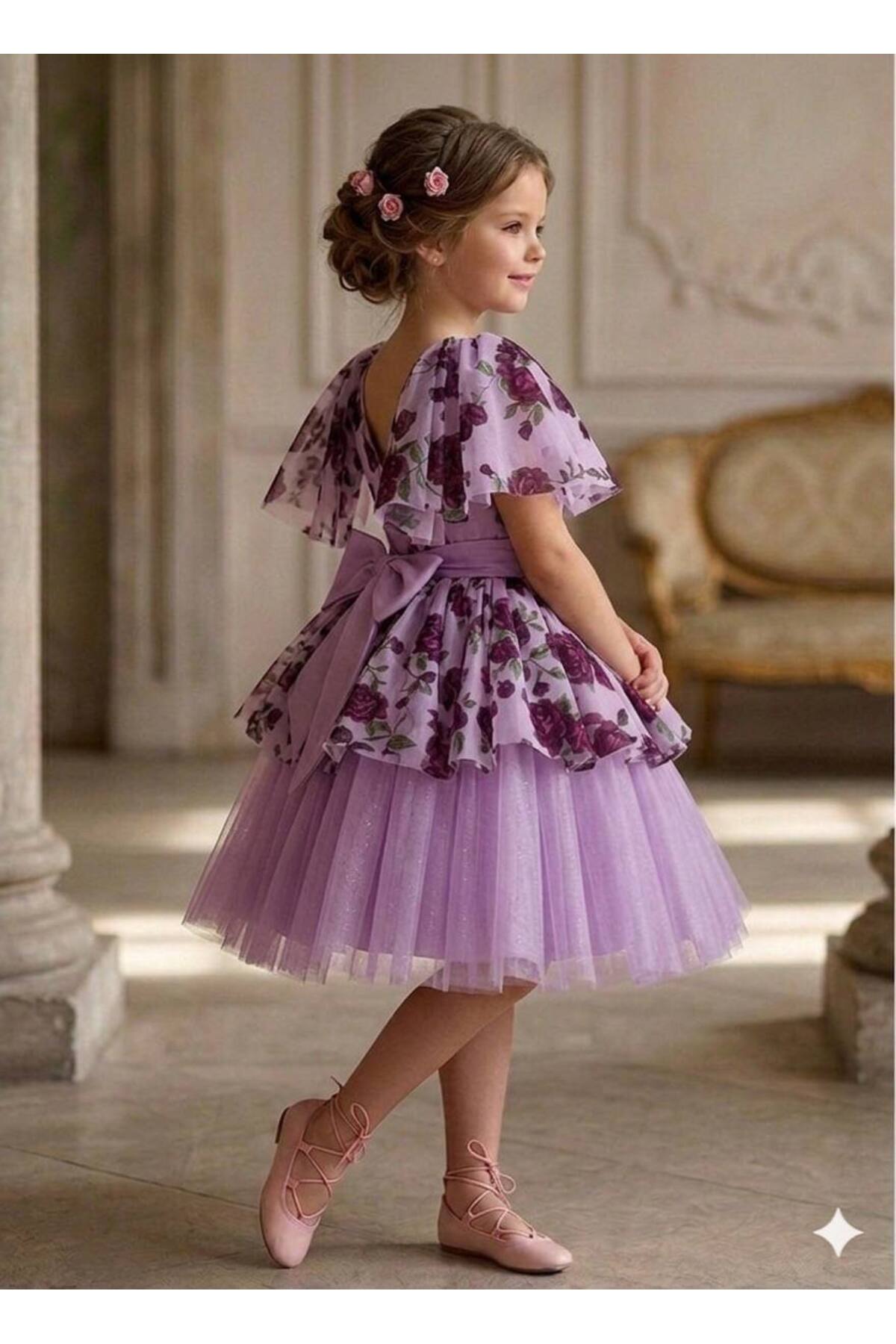 Luvia Kids Dress Gül Baskılı Elbise Doğum Günü Düğün Nişan Parti Gösteri Elbisesi