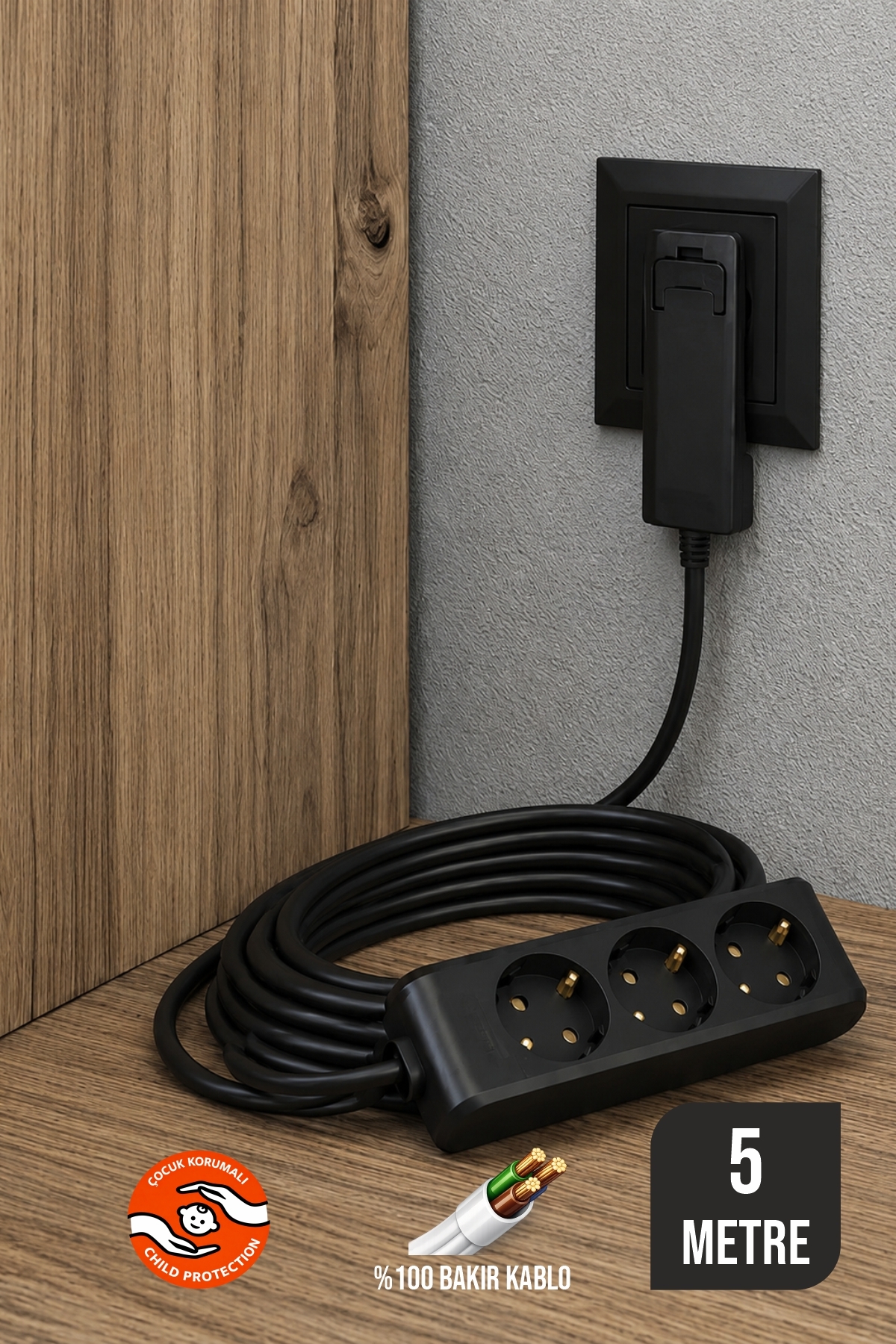 3-Piece Extension Socket 5 Meters Black Thin Plug Grounded