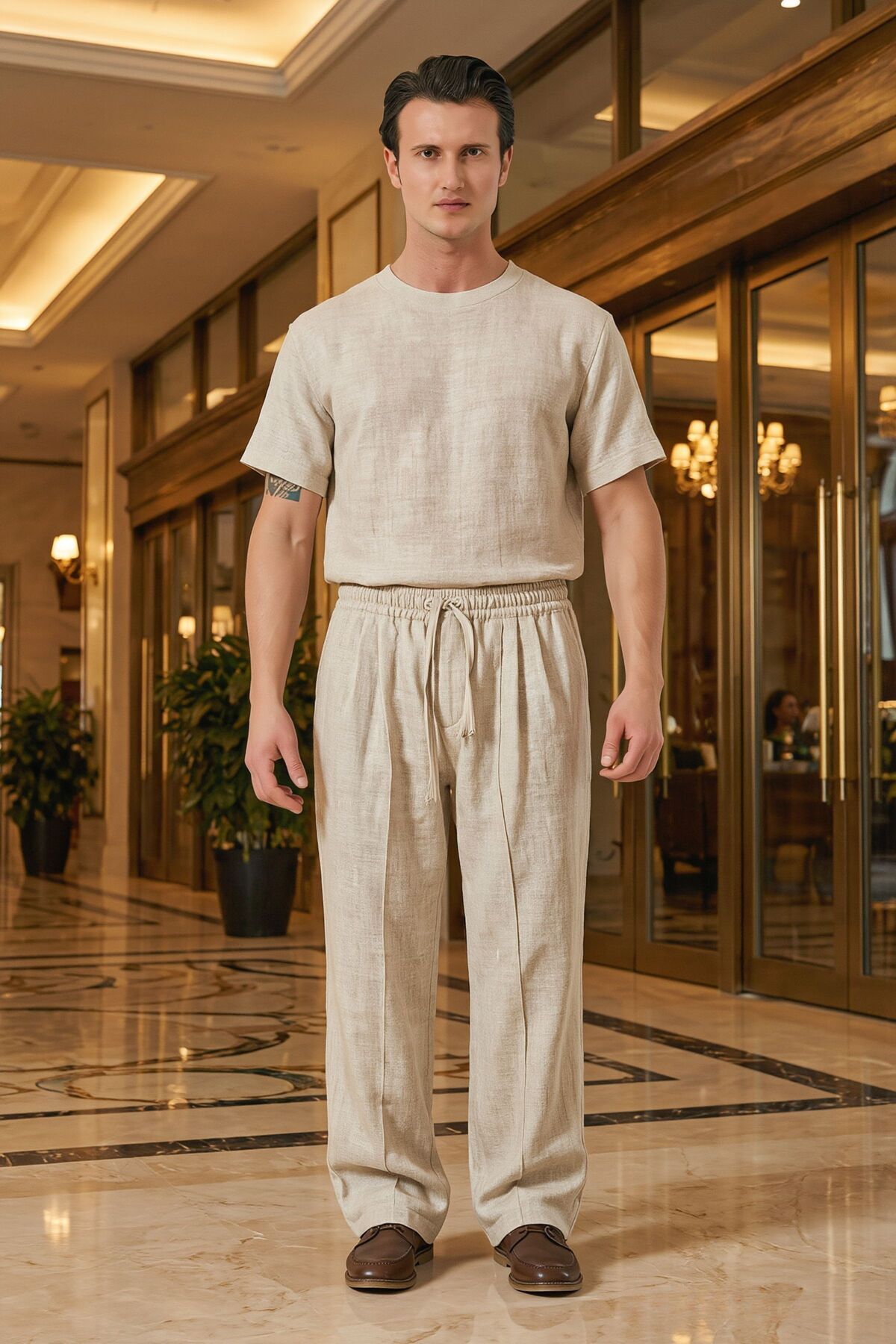 RELAXL %100 Ham Keten Bol Paça Yüksek Bel Çok Bol Kalıp Erkek Pantolon 2XS-10XL görsel 6