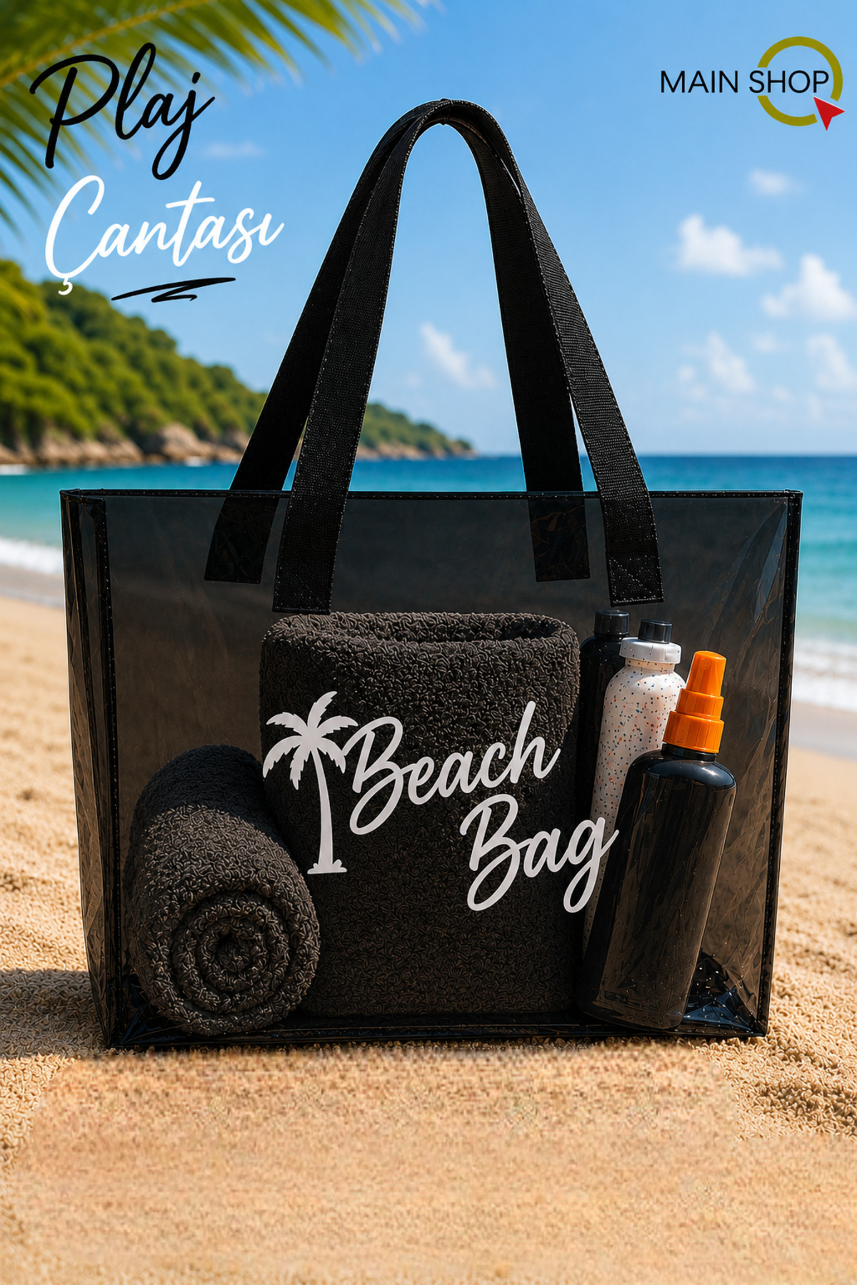 MAİN SHOP Büyük Boy Beach Bag Siyah Şeffaf Deniz Plaj Çantası M-PLJ02 görsel 2
