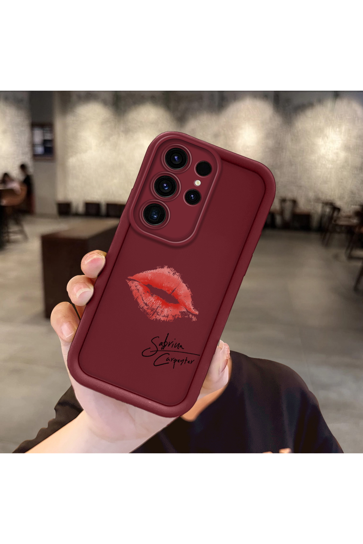 Samsung Galaxy S23 Ultra Compatible Shockproof Camera Shielded Claret Red Silicone Print Patterned Case