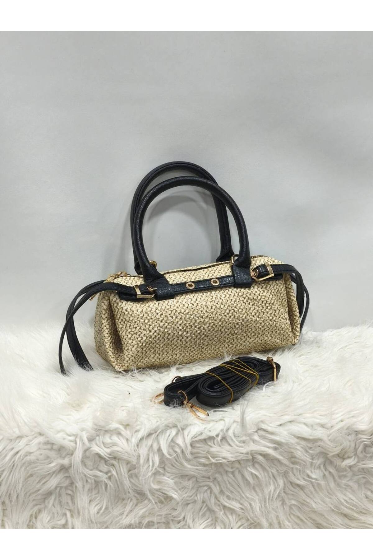 Women's Hand and Shoulder Bag with Long Cross Strap with Small Belt Detail (24cm*10cm)