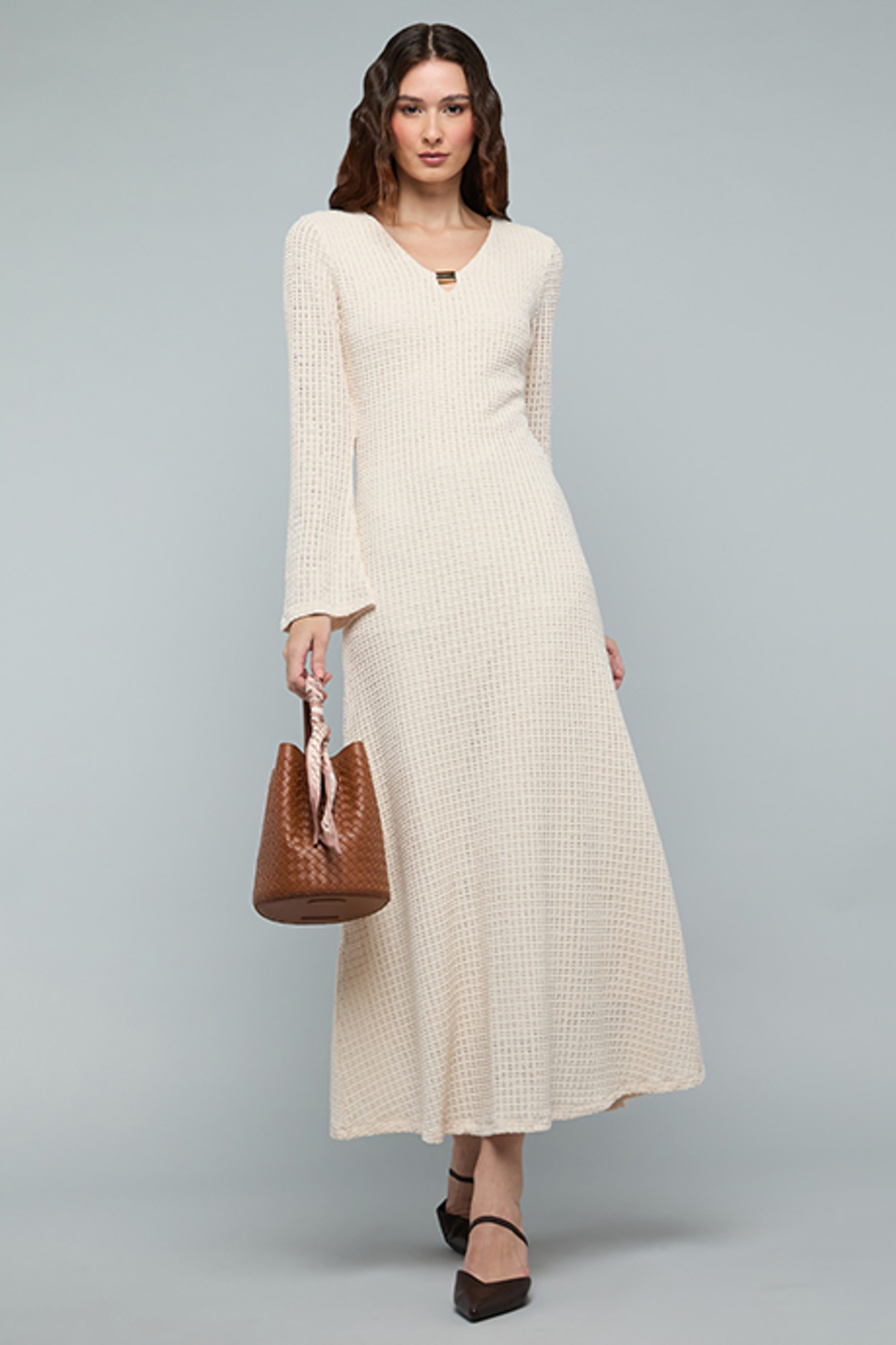 R&B Knitted A-Line Dress with V-Neck and Long Sleeves