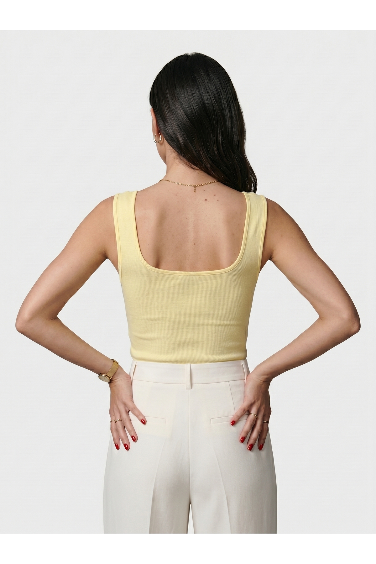 Kadın Kare Yaka Kalın Askılı Pamuklu Basic Body Geniş Kalıp - Sarı 5
