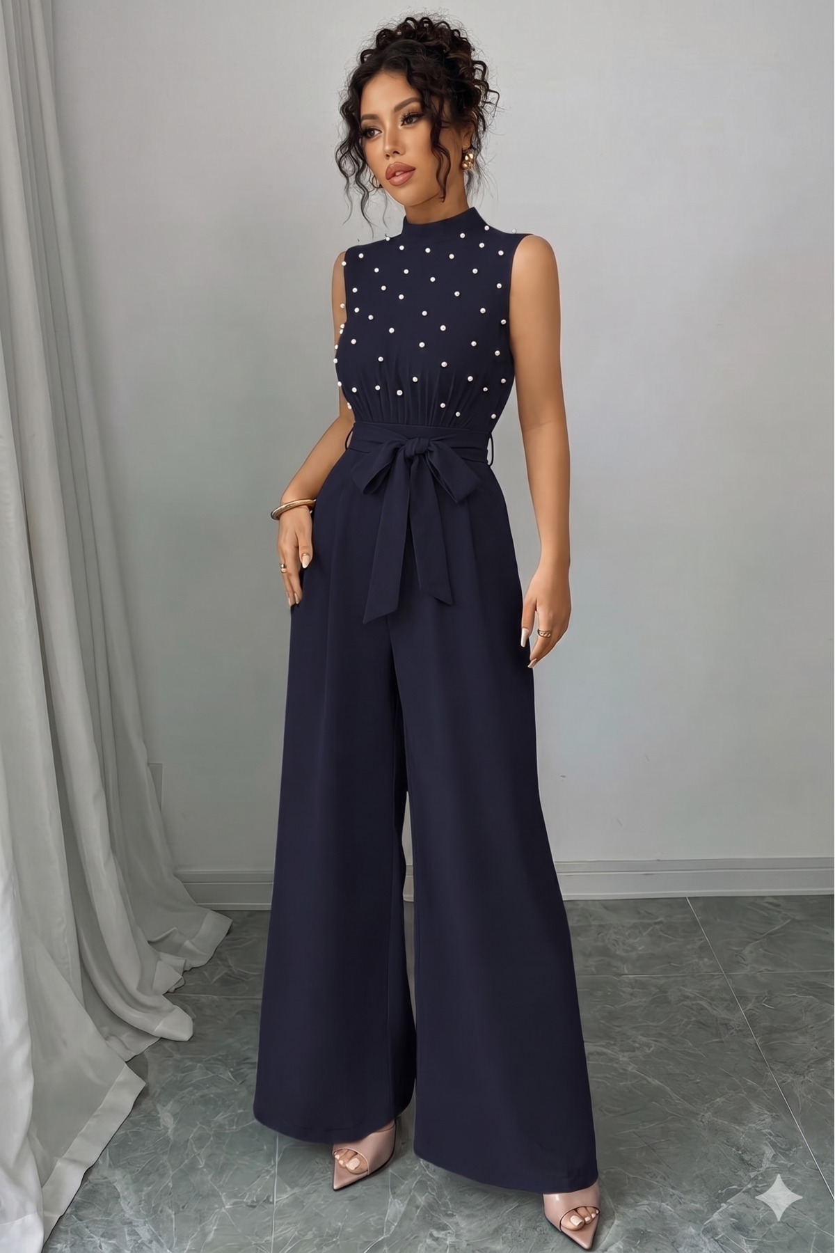 New Season Women's Turtleneck Sleeveless Pearl Waistband Long Janjan Invitation Jumpsuit