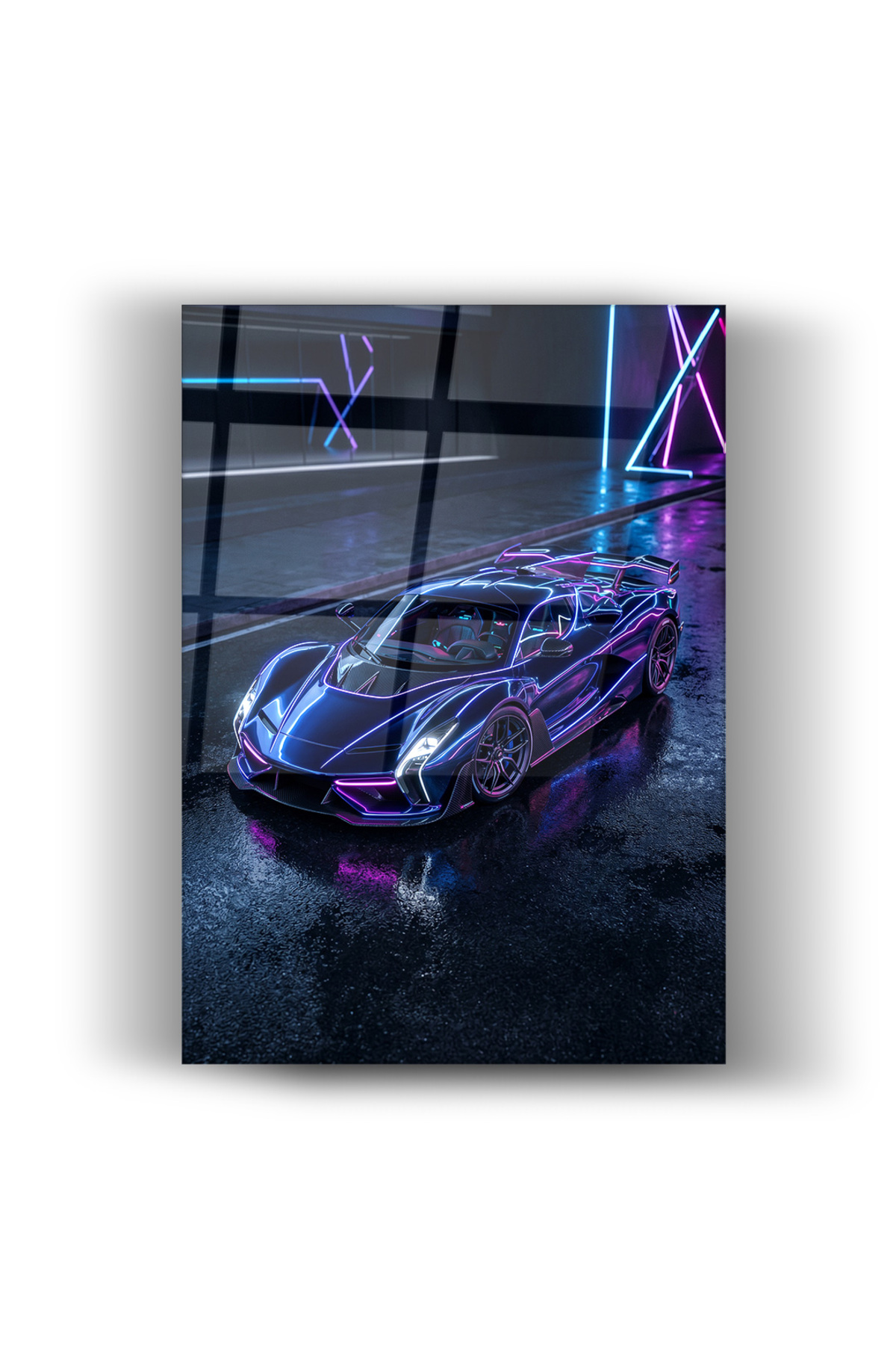 Cam Tablo Neon Süper Araba – Premium Cyberpunk Duvar Dekoru Gaming Oda Ofis Dekorasyonu