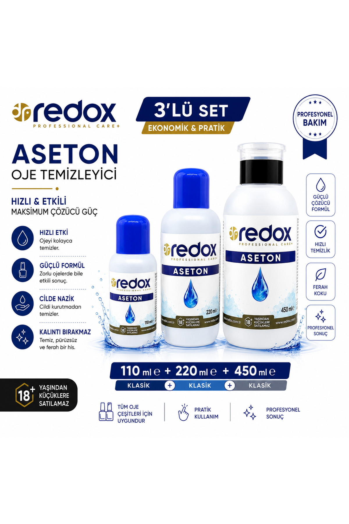 DR REDOX Redox Aseton Oje Temizleyici 3'lü Set 110 ml + 220 ml + 450 ml Klasik — drredox110*6