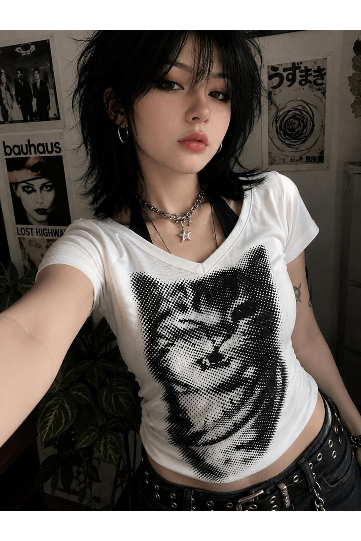weywot Beyaz Baby Cat Gotik Y2K Kısa Kollu Crop görsel 2