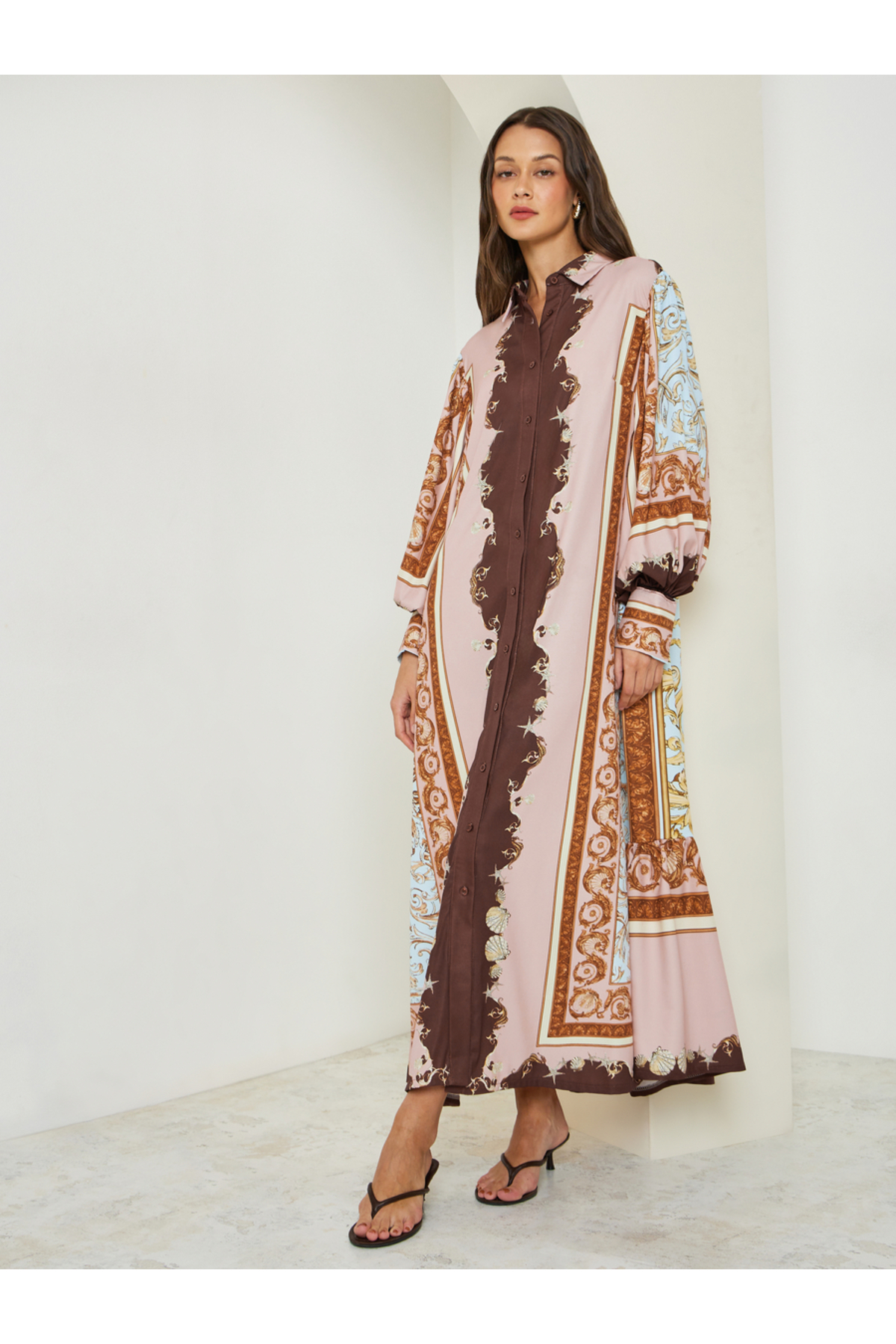 Styli Scarf Print Long Sleeves Shirt Maxi Dress