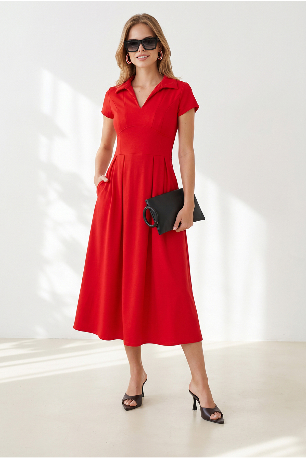 Olalook Women's Red Polo Collar Pocketed Pleated Flowy Dress Elb-19002674