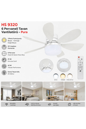 Helios 6 Pervaneli Tavan Vantilatörü, 45w, Dim Edilebilir 3 Renk Işık Fonksiyonu