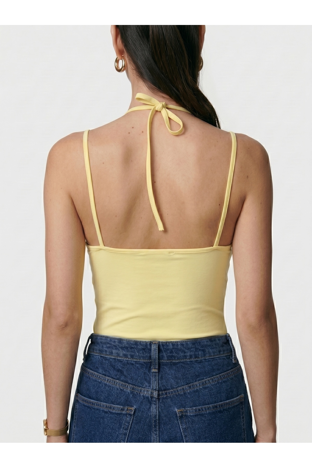 Kadın Dantel Yaka İnce Askılı Çıtçıtlı Body Slim Fit Dar Kalıp Likralı Bodysuit - Sarı 4