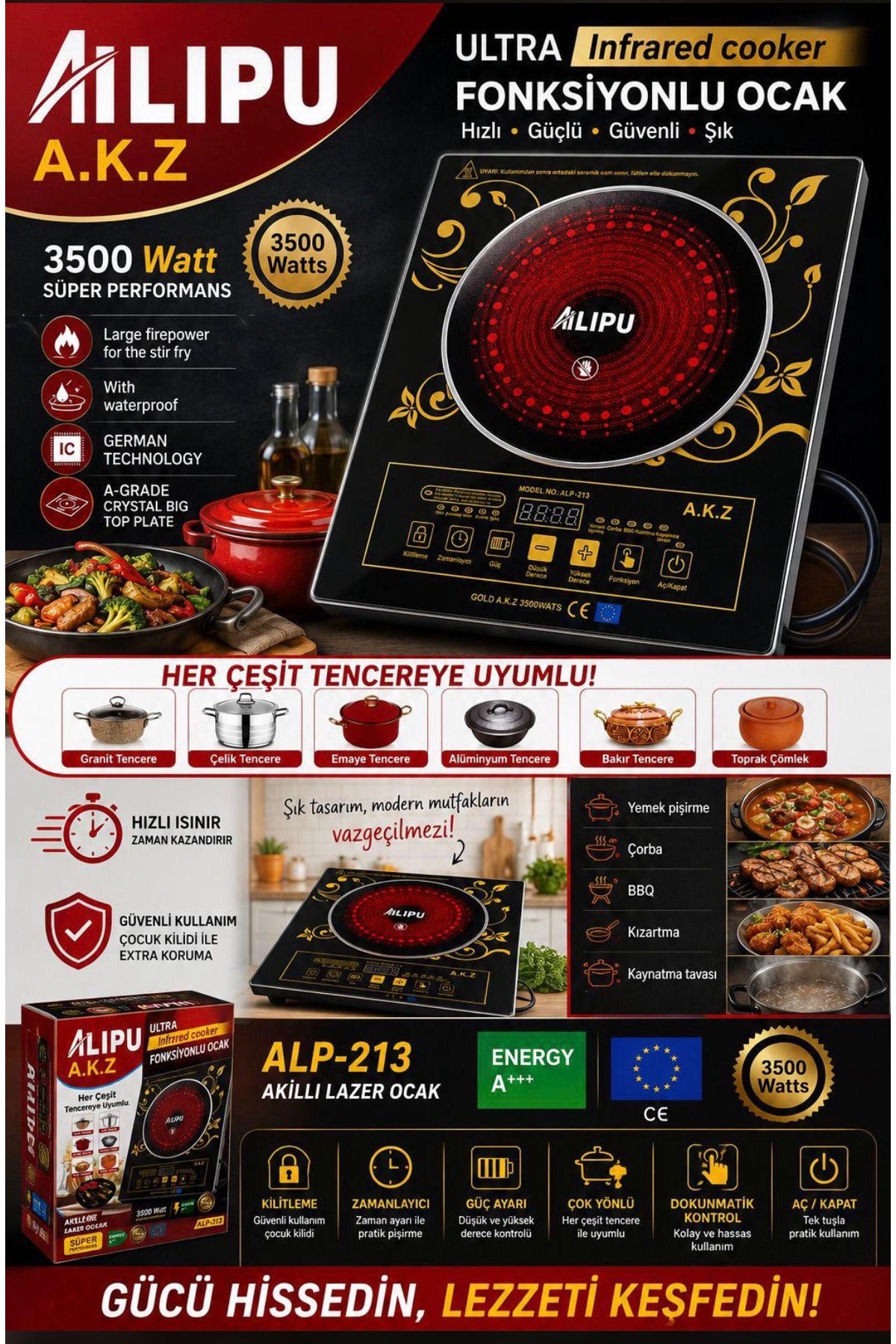 Ailupu AKZ METAL GÖVDE Ailipu/alipu 3500 Watt Tüm Tencerelere