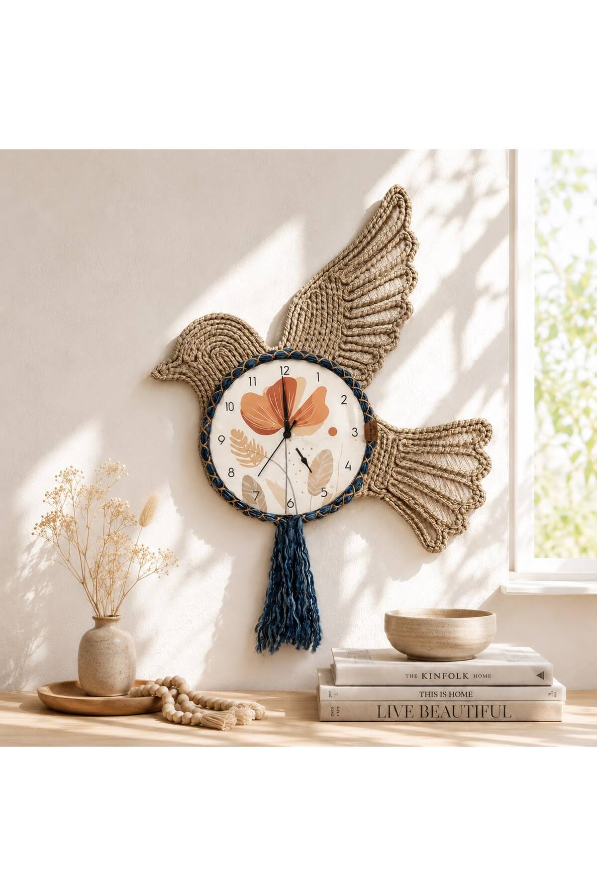 Macrame Natural Color Wall Clock with Bird Figure | Handmade Bohemian Decorative Clock | Living Room, Balcony, Entrance and Summer Home Decor