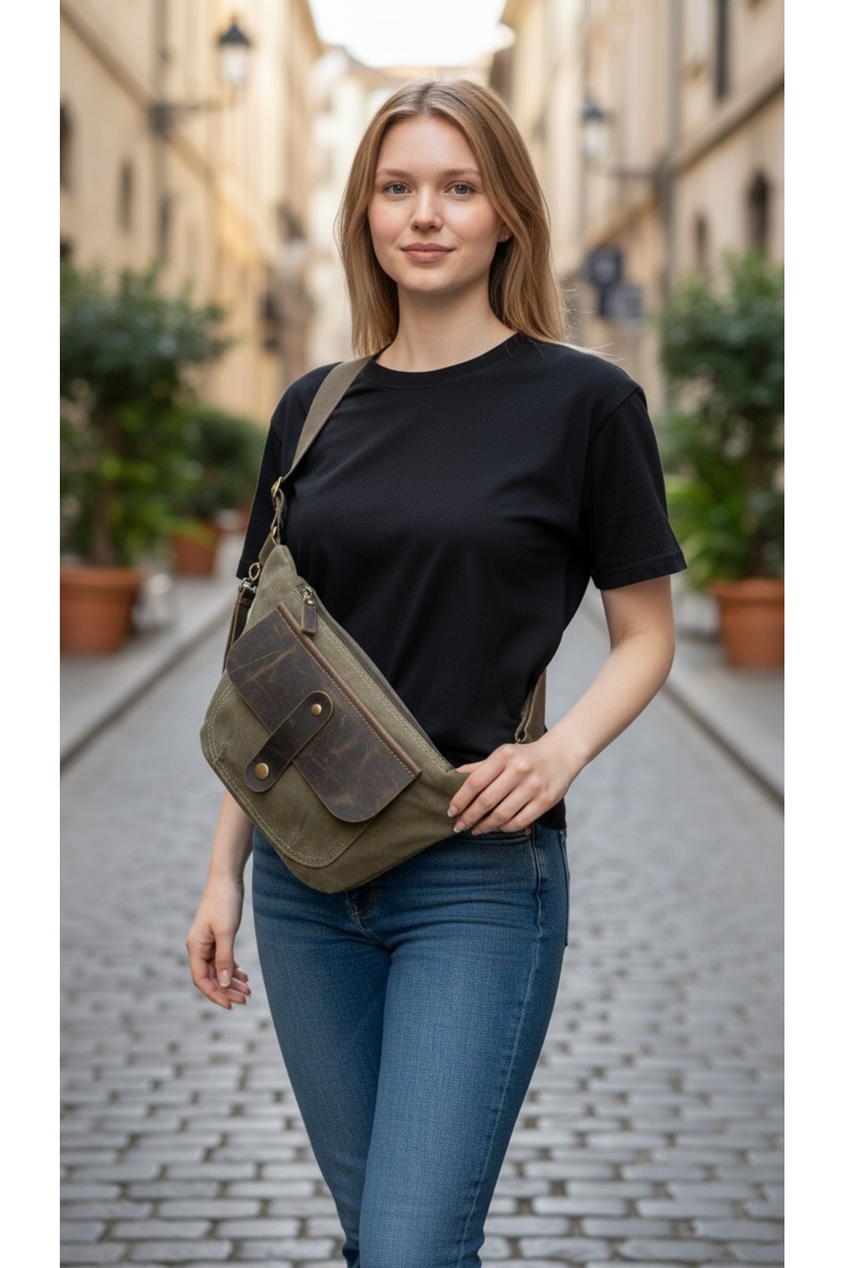 Mu leather design tiu canvas bel çantası