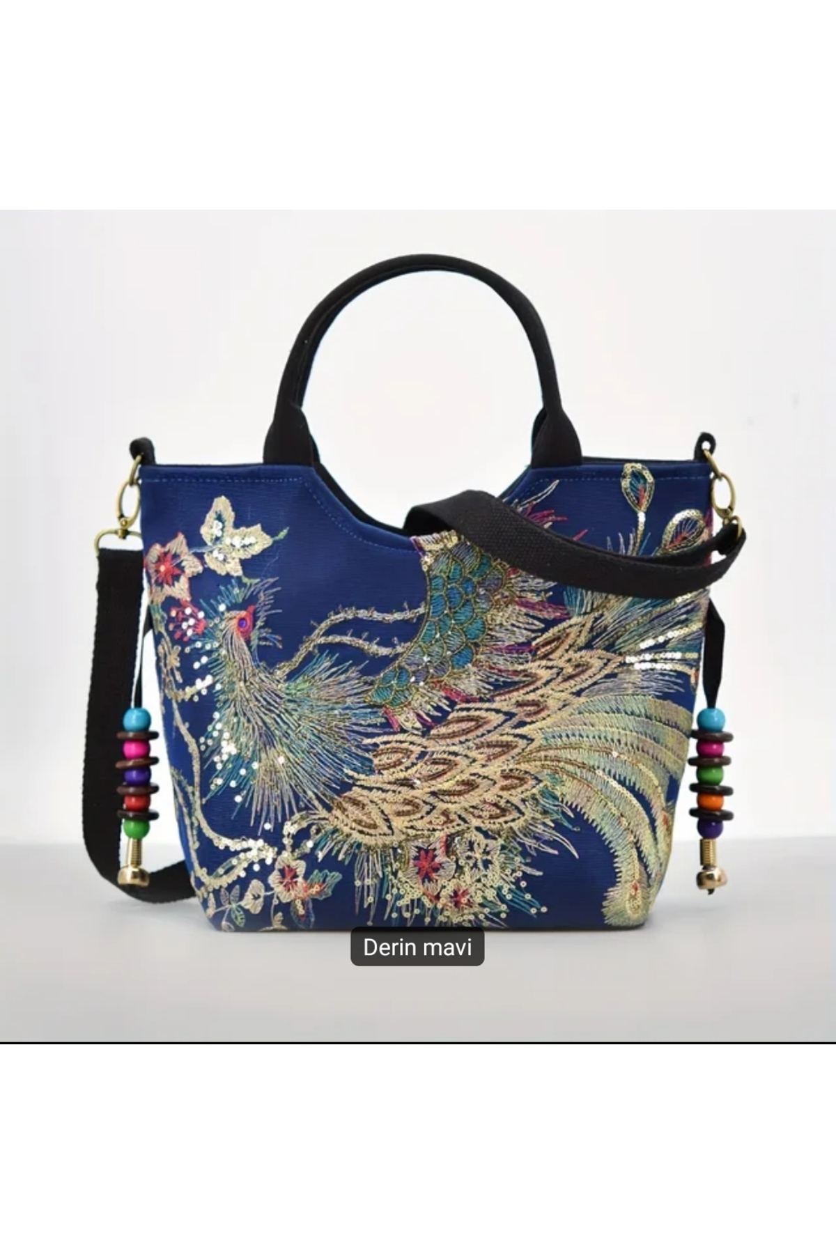 Z1 Home Trend Tavus Kuşu İşlemeli Büryük Kapasiteli Omuz Askısı Crossbody Retro Tuval Omuz Çantası görsel 4