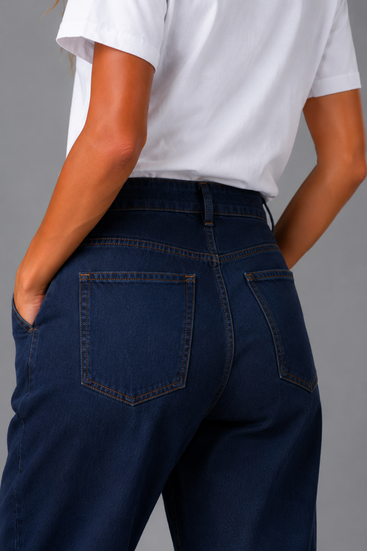 Denvy Denim Kadın Koyu Mavi Yüksek Bel Pens Detaylı Dar Paça Boyfriend Jean görsel 3