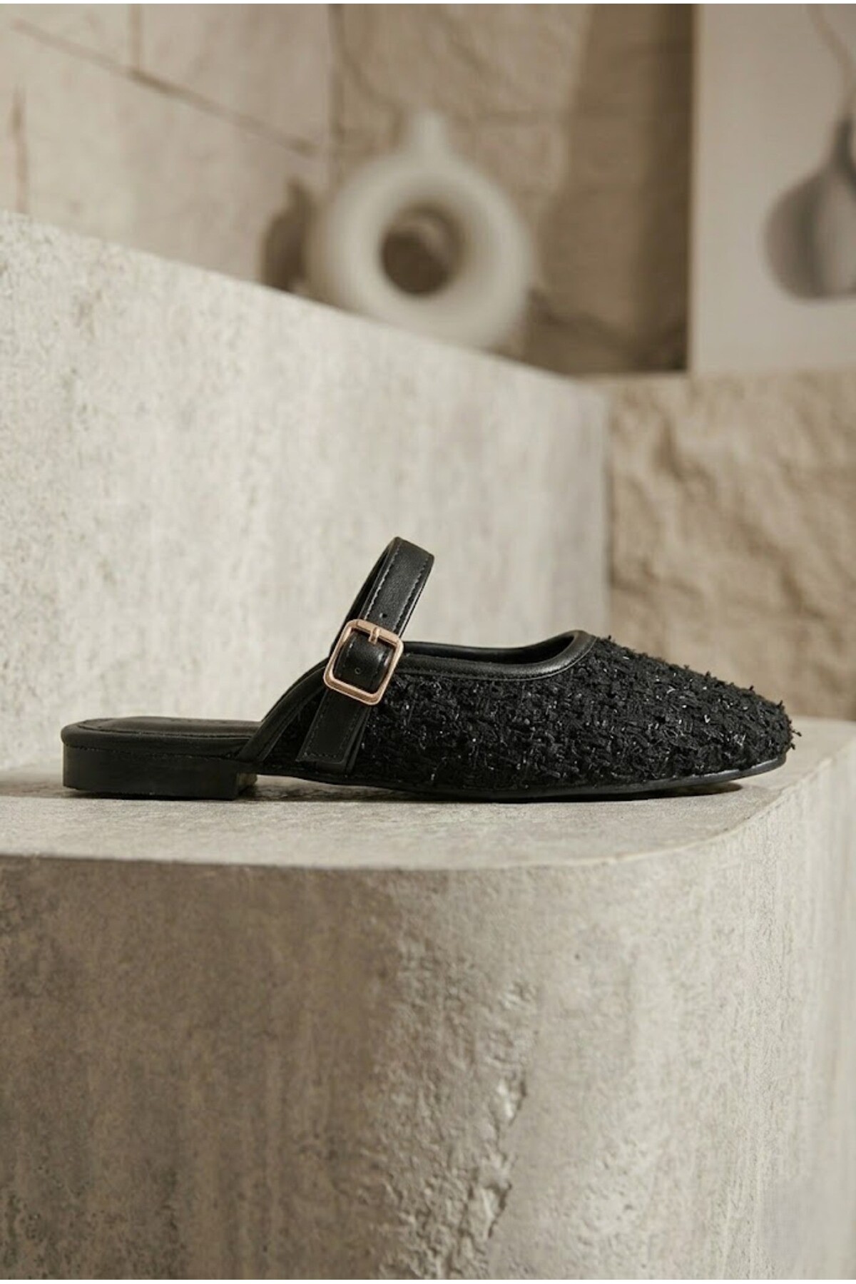 Moda Devrin Black Buckle Tweed Women's Ballerina Slippers