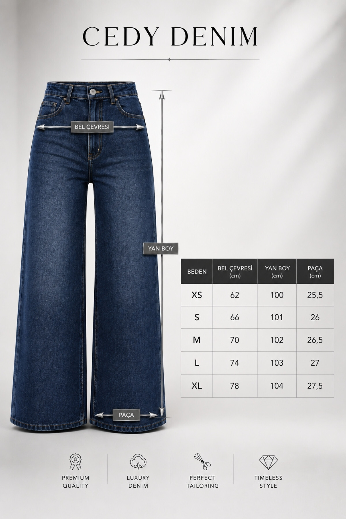 CEDY DENIM  Premium Kadın Palazzo Jean Geniş Paça Salaş Mavi Kot Pantolon E7020 - Görsel 2