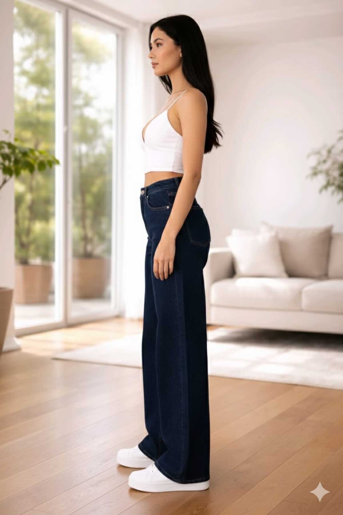 Lighter Jeans Laren Lacivert Likralı Wide Leg Palazzo Jean Yüksek Bel Bol Paça Kadın Pantolon görsel 5