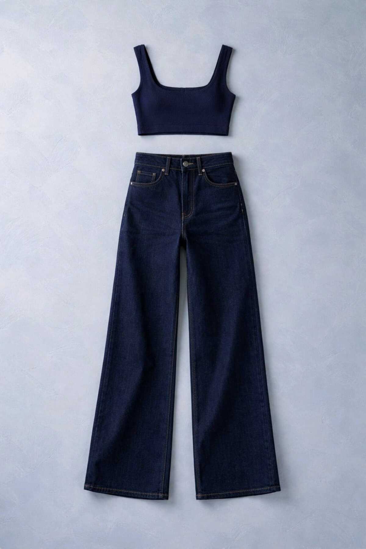 Lighter Jeans Kadın Yüksek Bel Likralı Lacivert Bol Paça Jean Pantolon, Esnek Denim Rahat Kalıp görsel 4