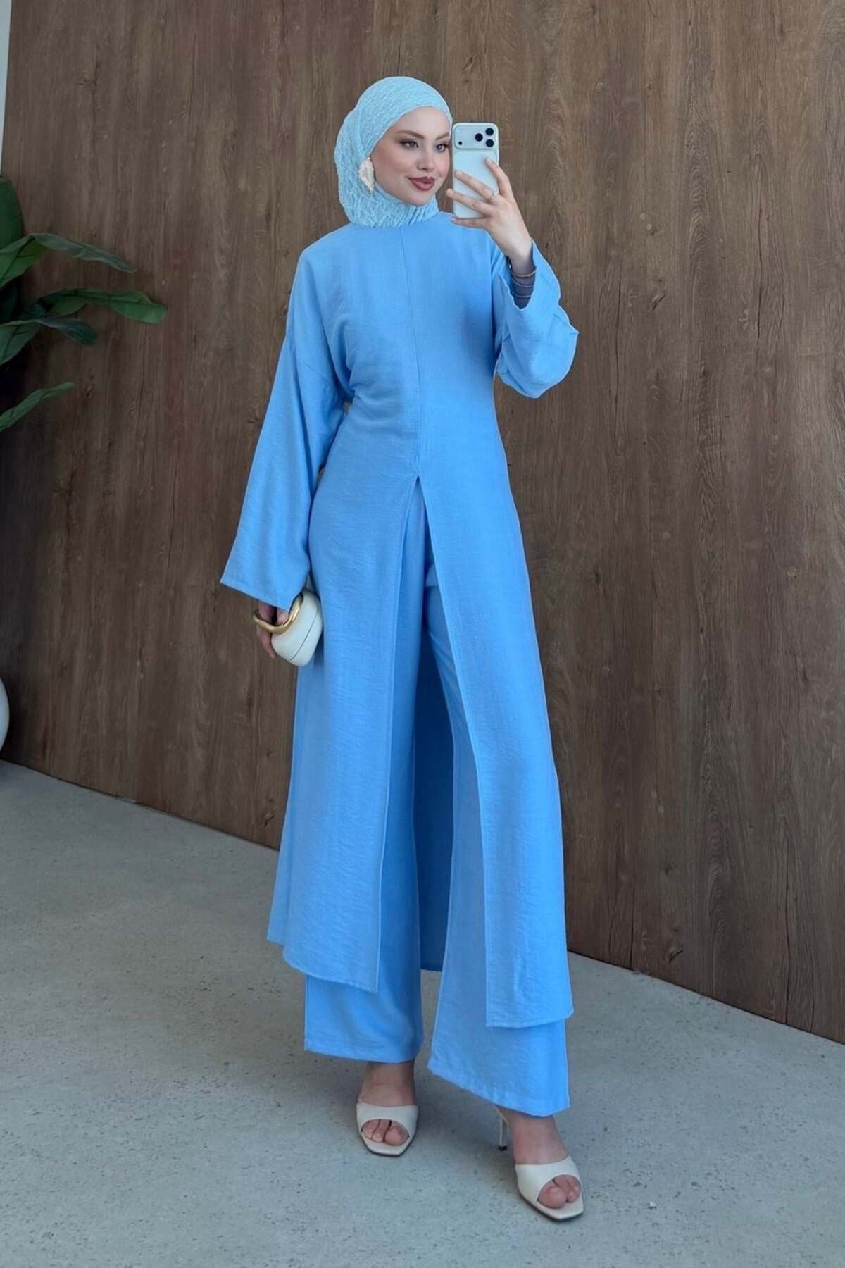 Şule Giyim Front Slit Linen Suit Blue