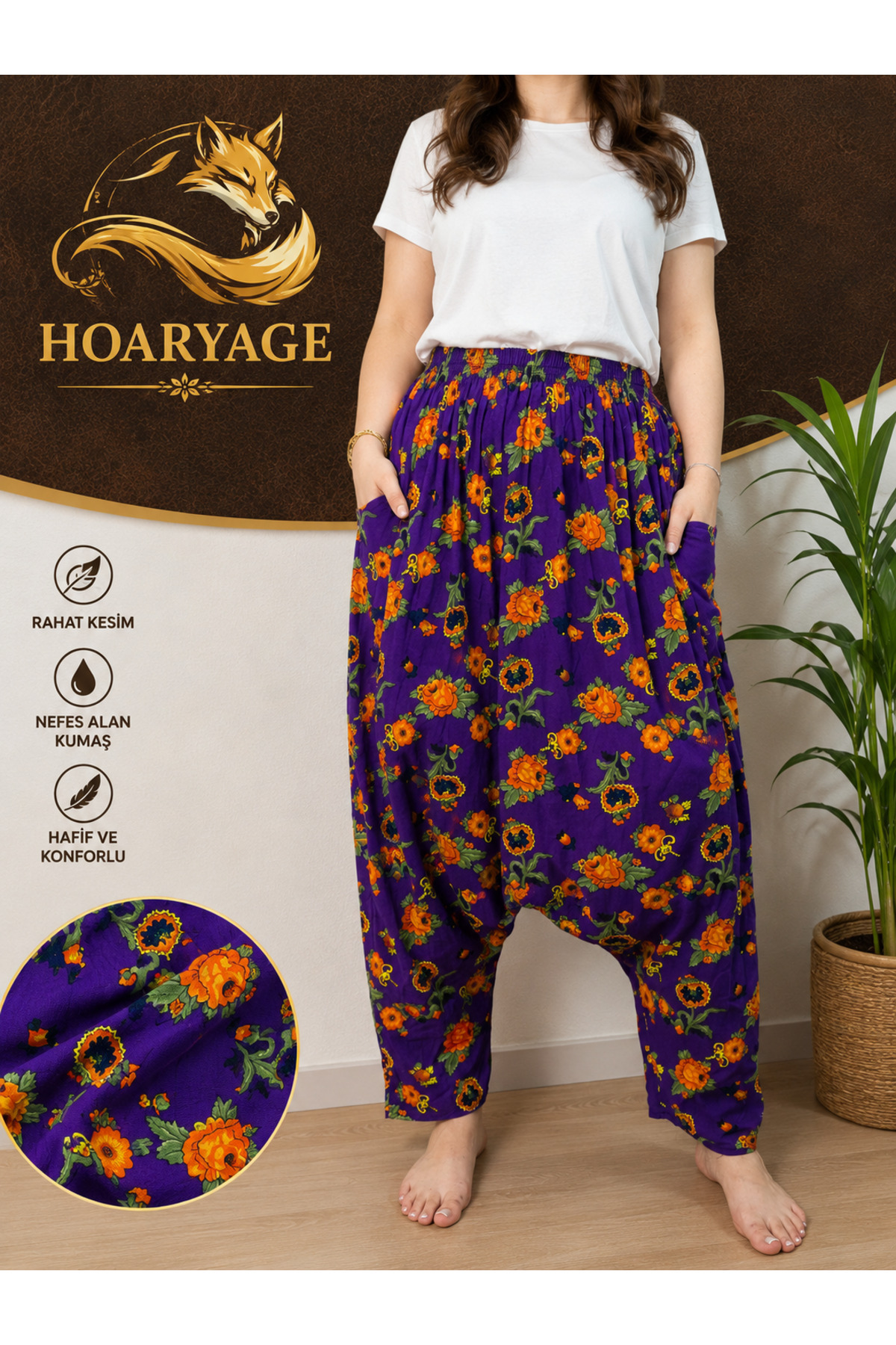 hoaryage Otantik Köy Şalvarı %100 Pamuk Viskon Çiçek Desenli Rahat Kesim Ağlı Kadın Şalvarı 38BEDEN 100 KG görsel 2