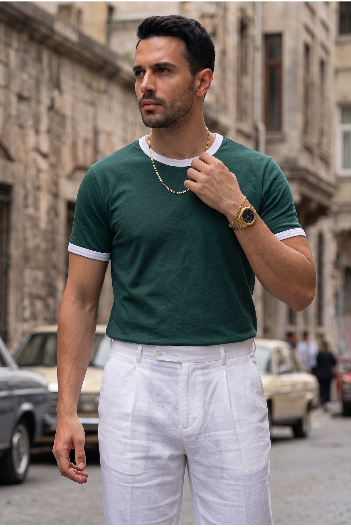 Teenage Millionaire Erkek Nefti Yeşil Renkli Tişört Bisiklet Yaka Kol Garnili Regular T-shirt