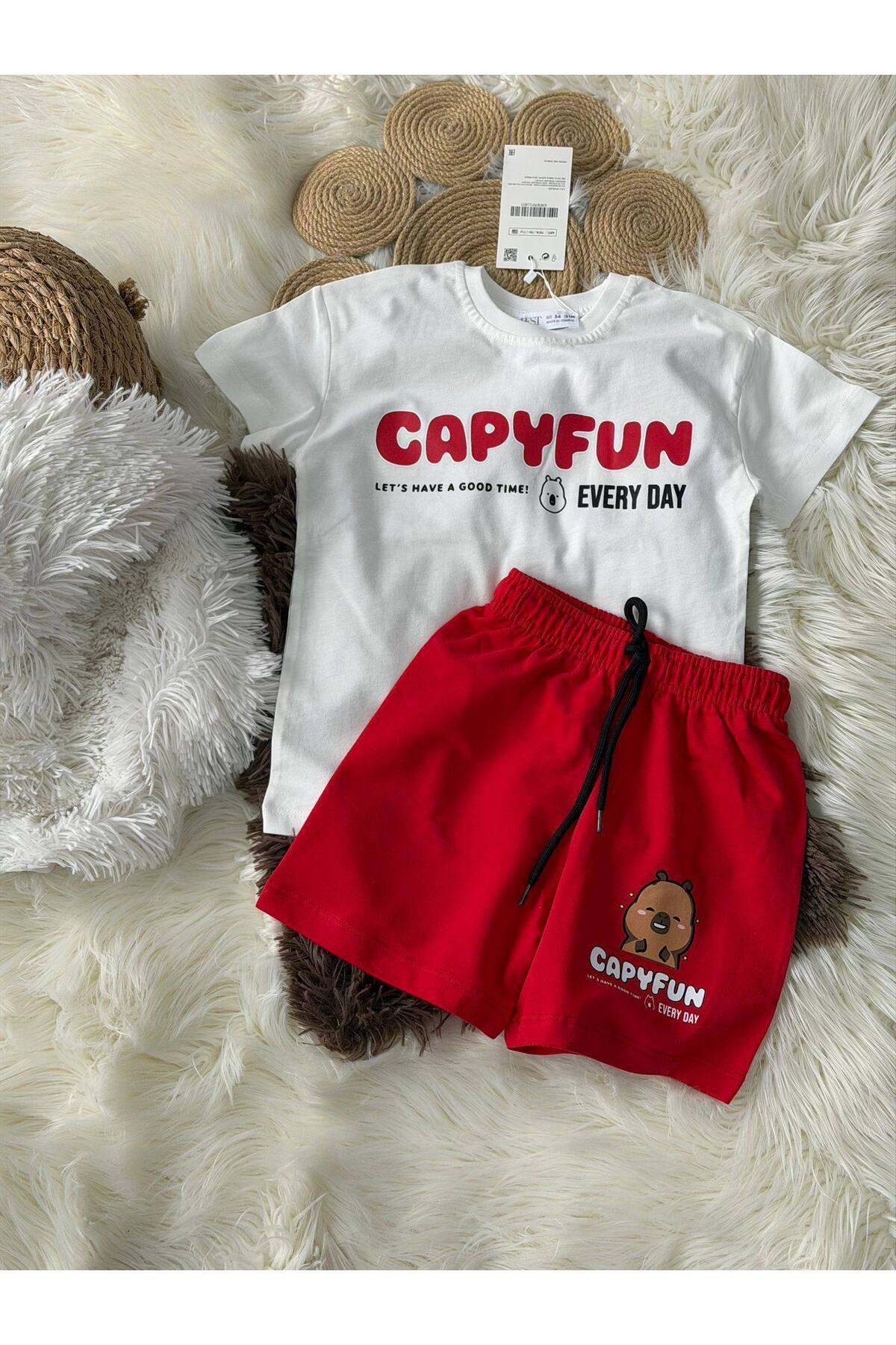 Çocuk Capyfun Baskılı Beyaz Tişört Kırmızı Şortlu Yazlık Takım