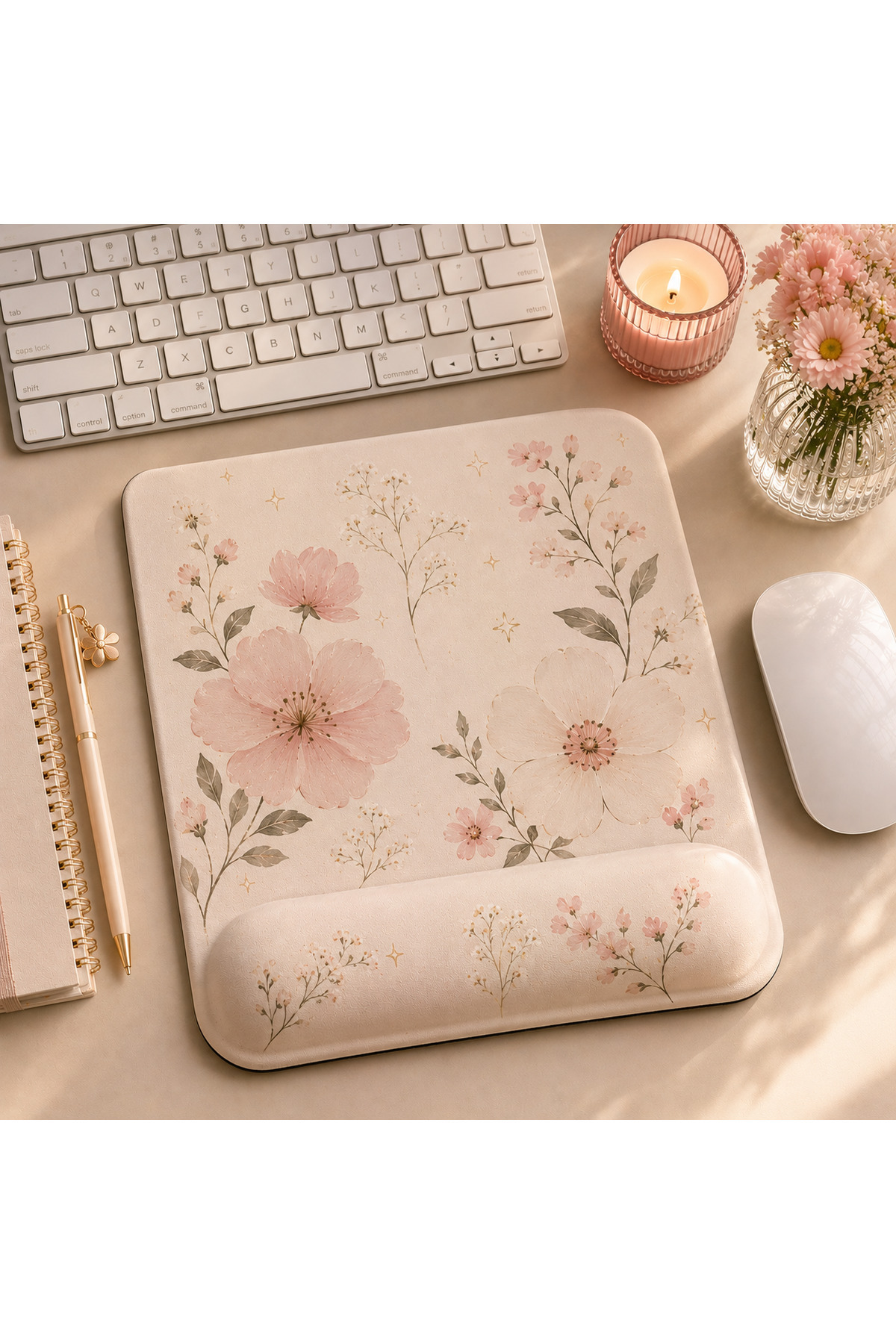 matizya Çiçek Desenli Bilek Destekli Mouse Pad 19x23 cm Ergonomik