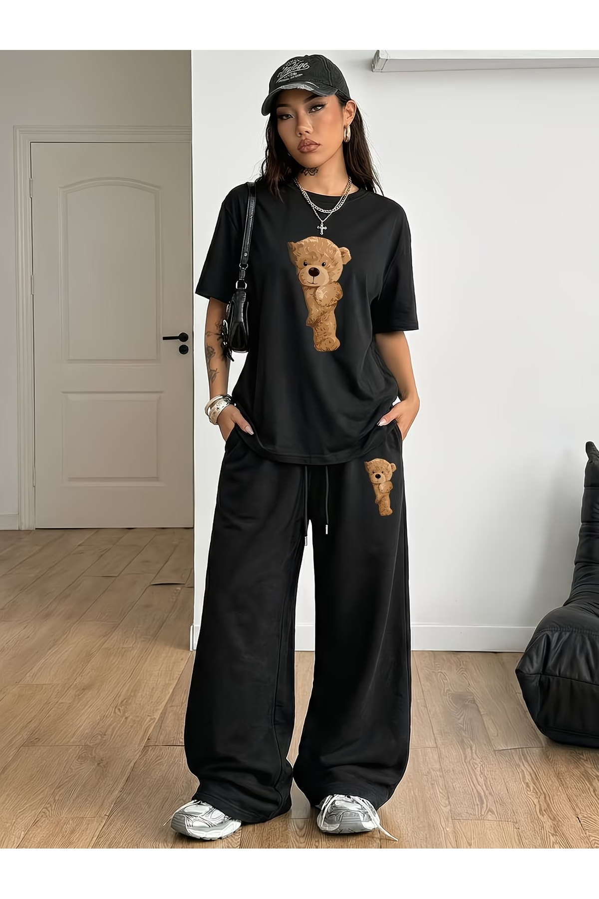 Unisex Ayıcık Baskılı Oversize Tshirt ve Baggy Eşofman Altı - Yazlık İkili Eşofman Takımı — مشکی darkopiawearayıcık