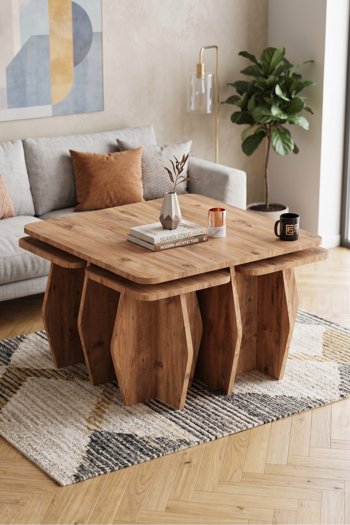 Orta Sehpa Ve Zigon Sehpa 5'li Set Modern Çok Amaçlı Salon Oturma Odası Yan Sehpa 9248 Atlantik Çam görsel 5