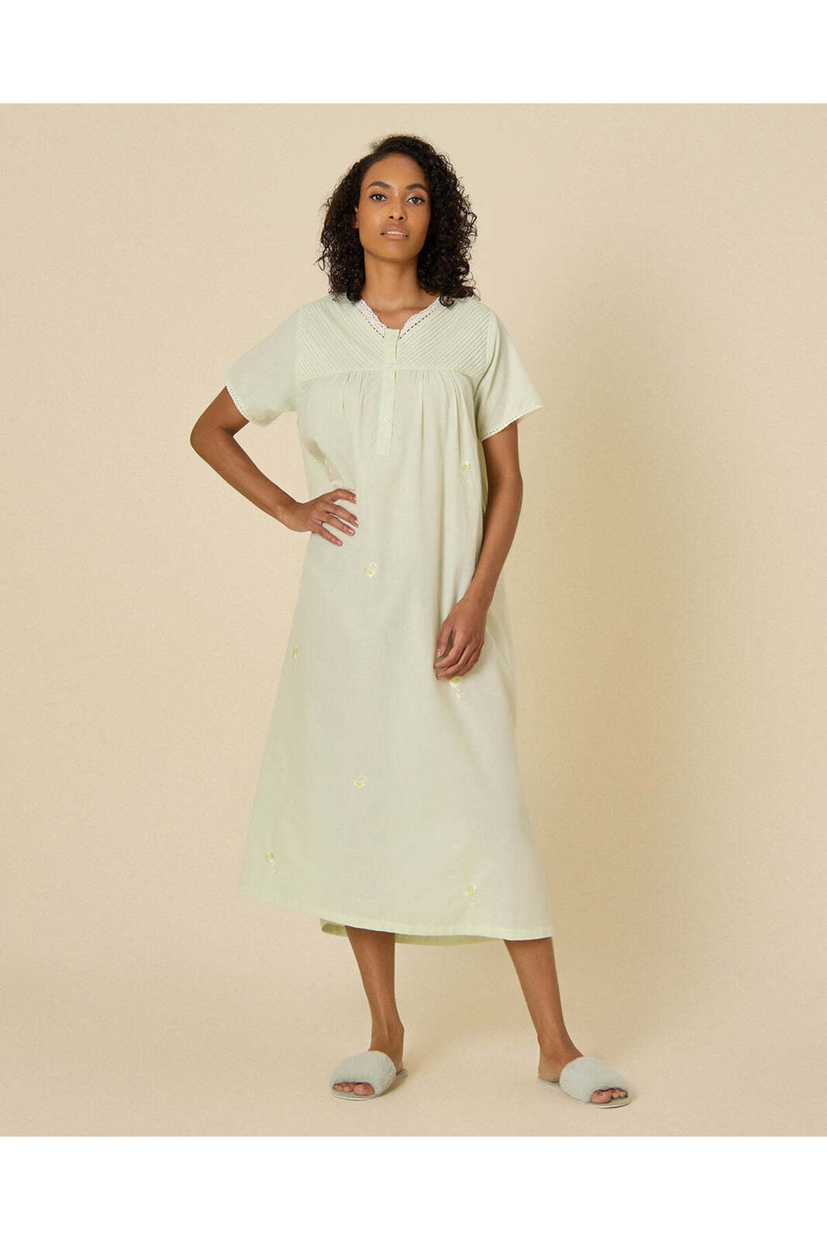 REDTAG Women Green Embroidered Rayon Nightgown