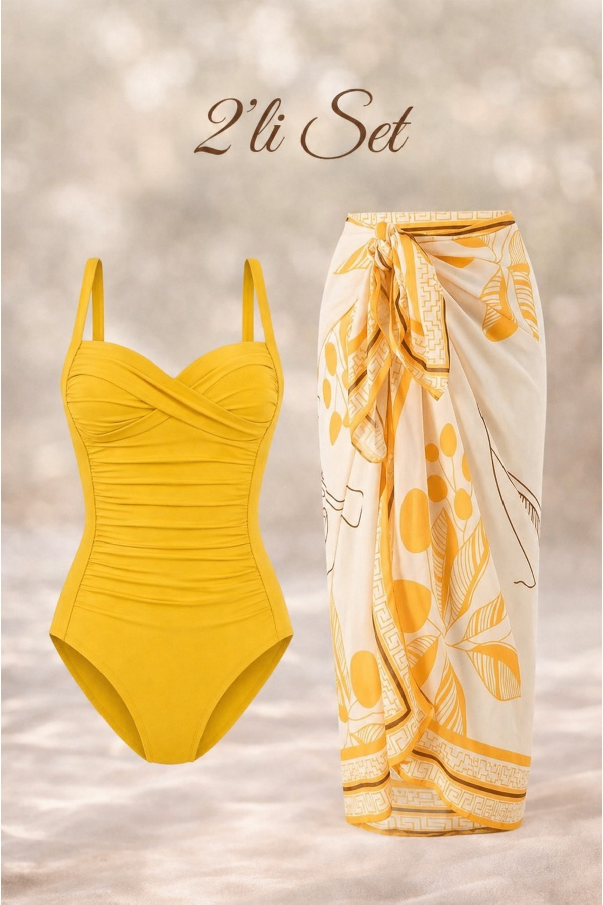 Fridan Draped Yellow Swimwear & Pareo 2-Piece Set with Adjustable Strap Slimming Effect-Pareo(145x90 cm)