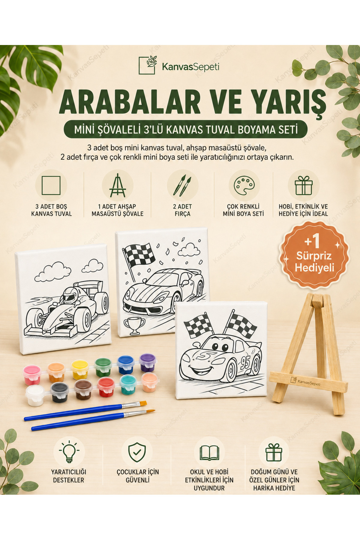 Arabalar ve Yarış Mini Şövaleli 3'lü Boyanabilir Kanvas Tuval Seti 20x20 12 Renk Boya