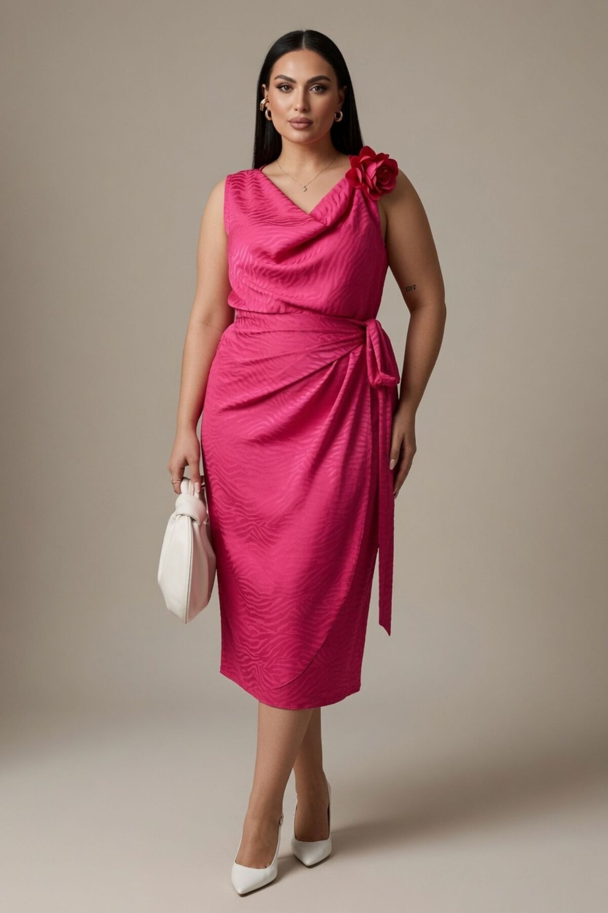 Zebra Patterned Jacquard Plus Size Midi Dress - Floral Detail Laced Evening Dress Size 38-48 002