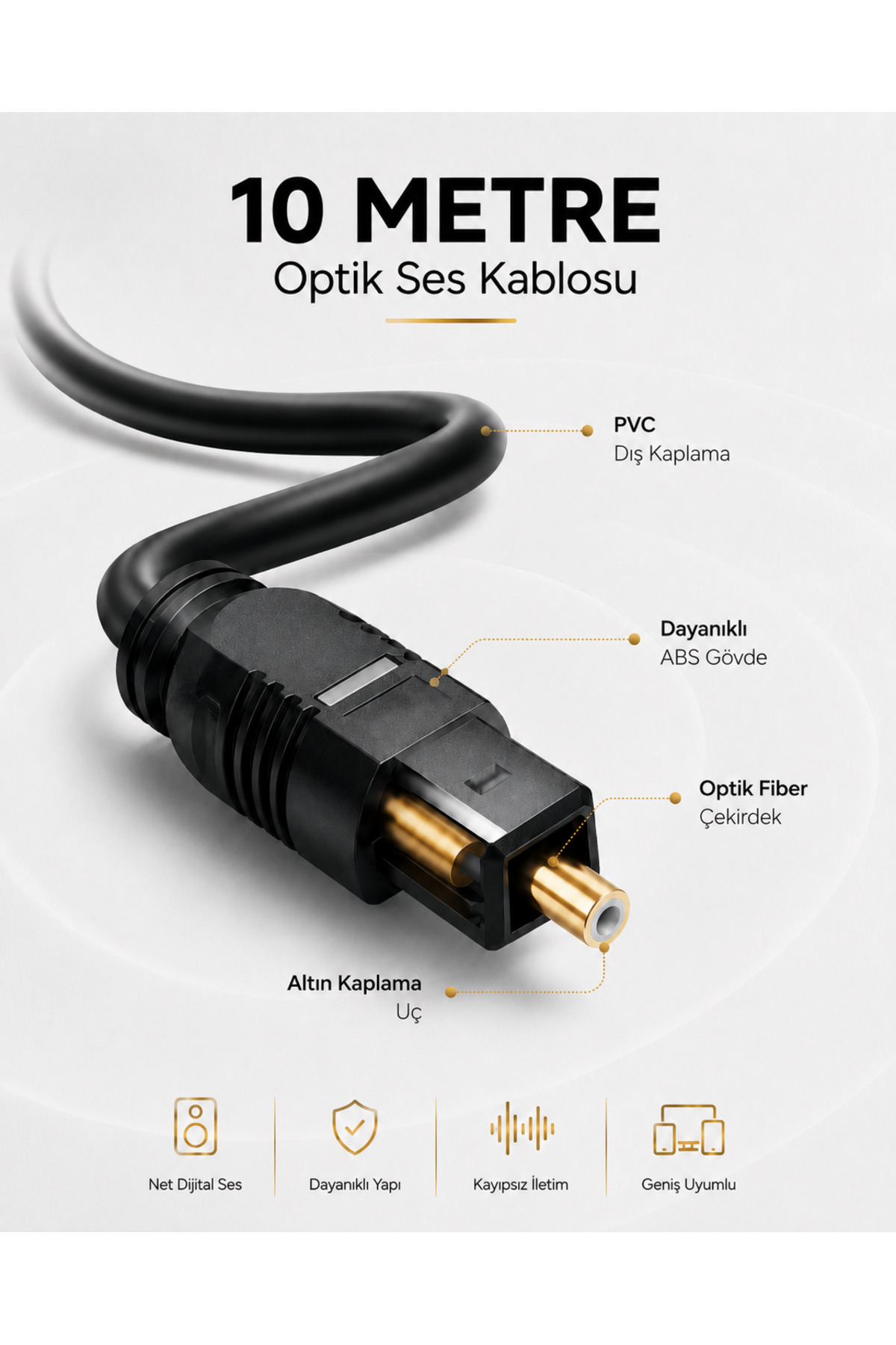 10 METRE Optik Ses Kablosu Toslink Dijital Fiber Ev Sinema Soundbar Uyumlu Siyah Altın Kaplama Uçlu Kristal Netliğinde Parazitsiz Sinyal İletimi Çevresel Surround Akustik Ses Sistemi Bağlantı Kablosu
