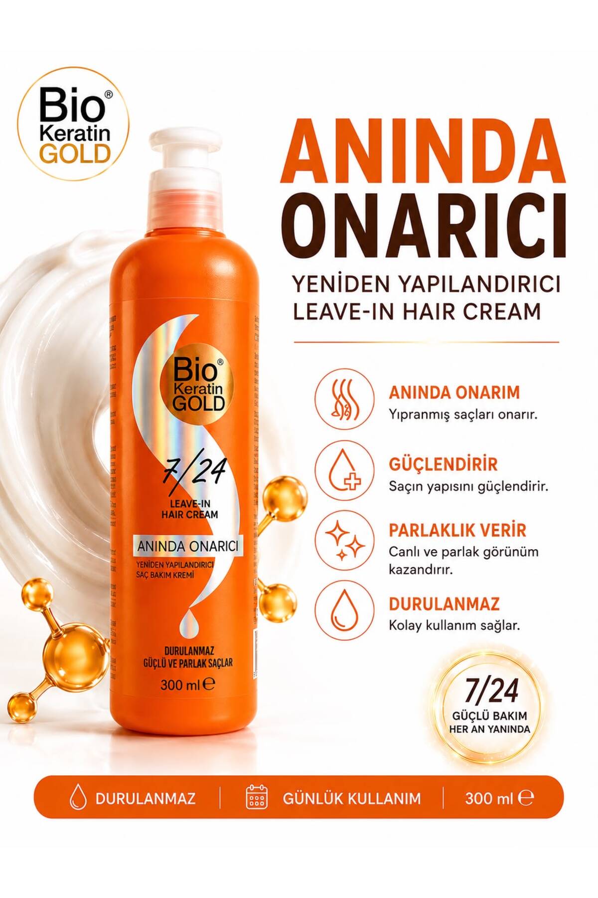 7/24 Anında Onarıcı Yeniden Yapılandırıcı Saç Bakım Kremi 300ml Durulanmaz — A678 — تصویر 5 از 8
