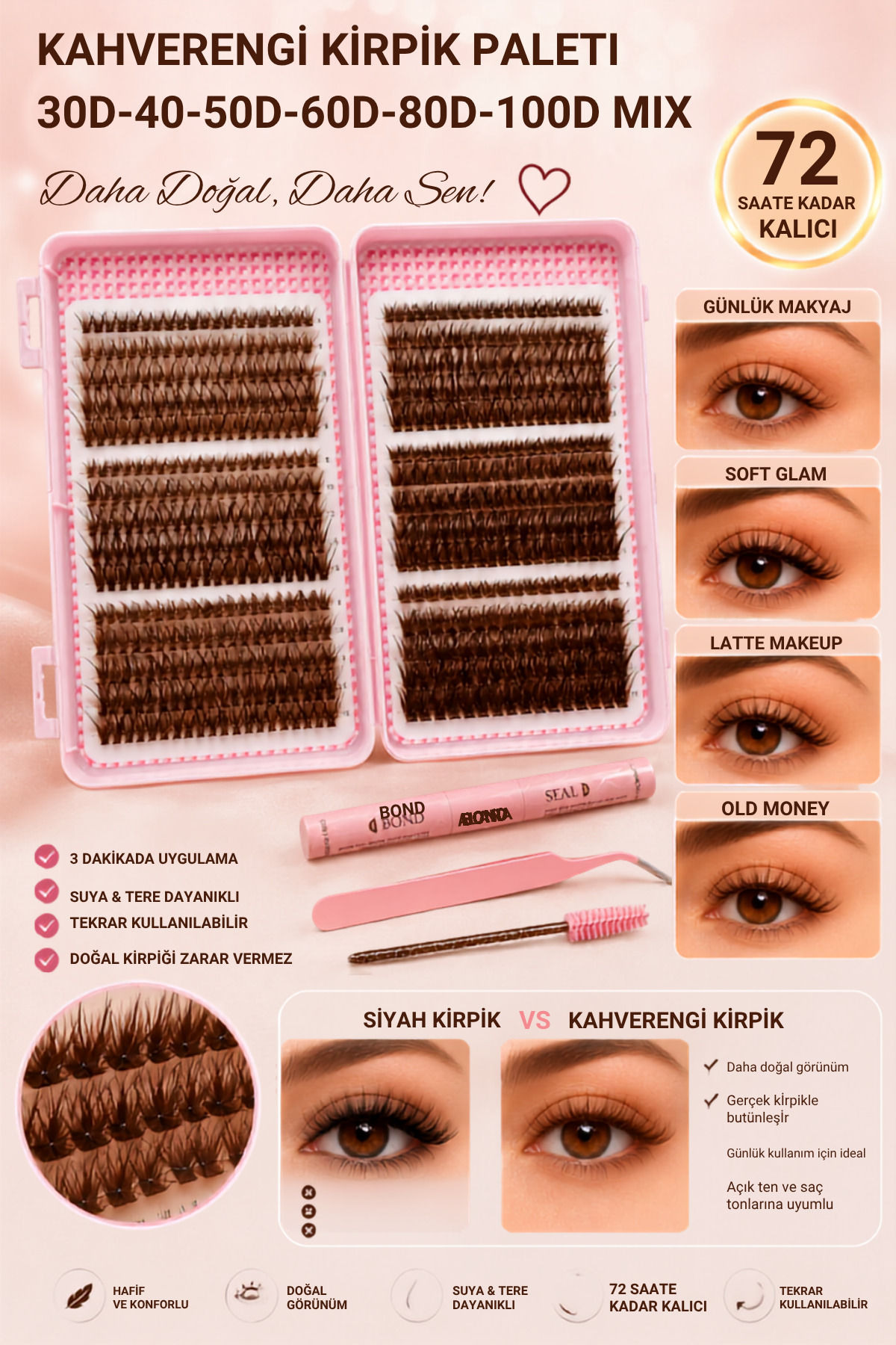 Kahverengi Brown Cluster Takma Kirpik Seti 30D 40D 50D 60D 80D 100D Bond & Seal Cımbız Dahil Viral Görünüm — ALR-BROWNKIT — تصویر 2 از 6