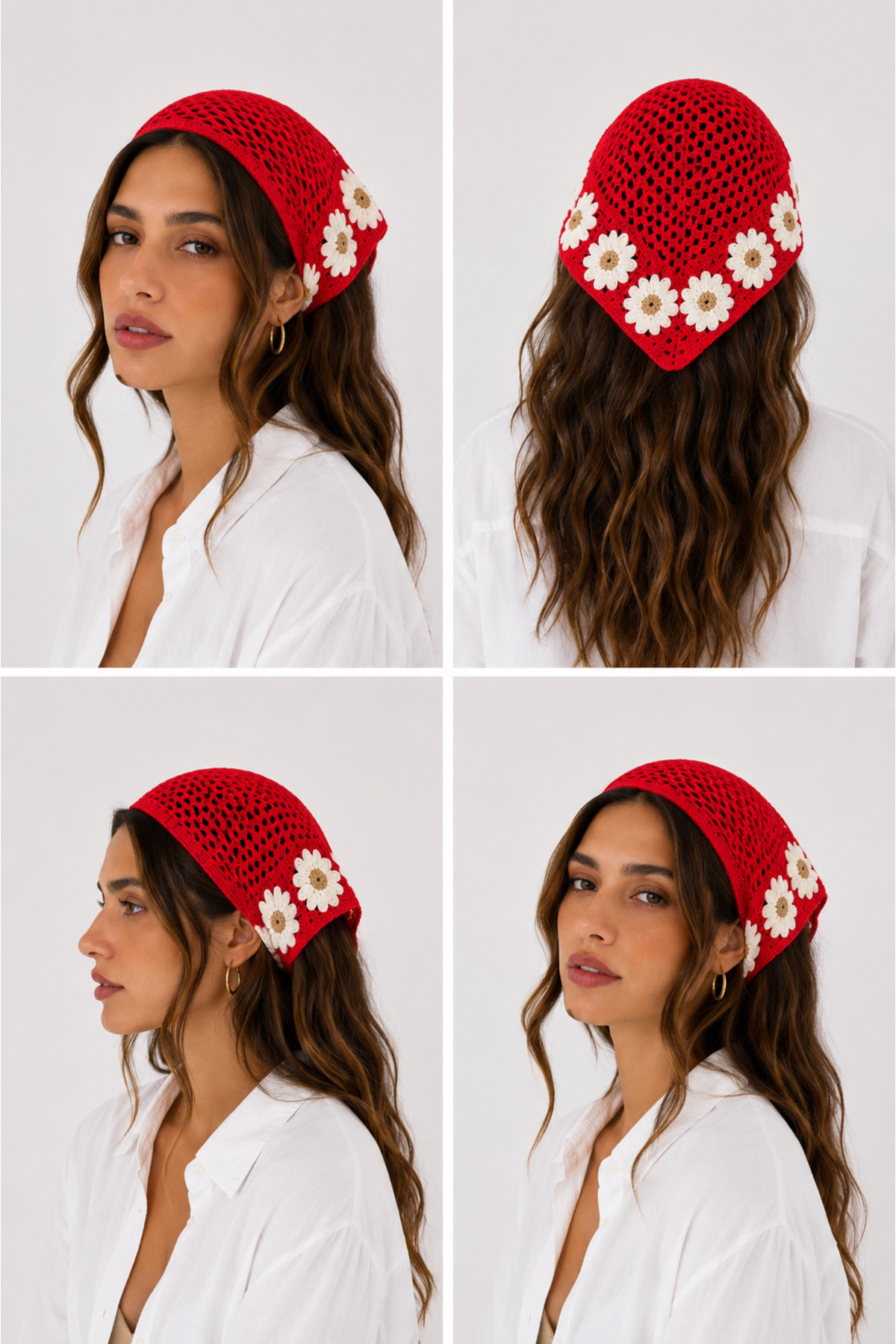 Kadın Örgü Bandana Çiçek Motifli Yazlık Bohem Saç Bandanası